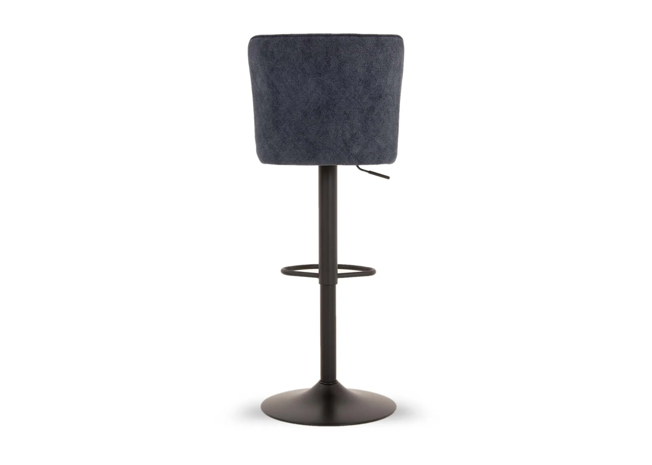 A blue fabric swivel bar stool from EZ Livings Maple range. Back view of supportive back rest and metal foot wrung that extends to front.
