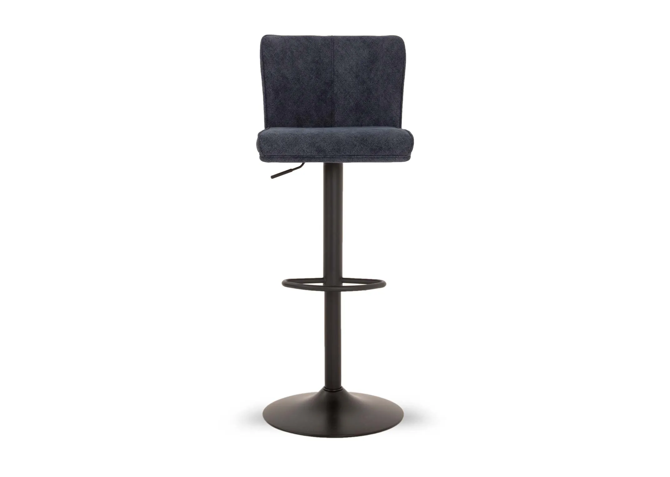 A dark blue fabric swivel bar stool from EZ Livings Maple range. Front view of round metal rung & level under seat.