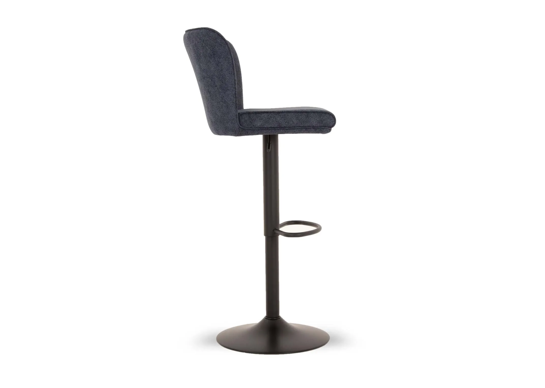 A blue fabric swivel bar stool from EZ Livings Maple range. Side view of fabric detail and metal lever control under seat.