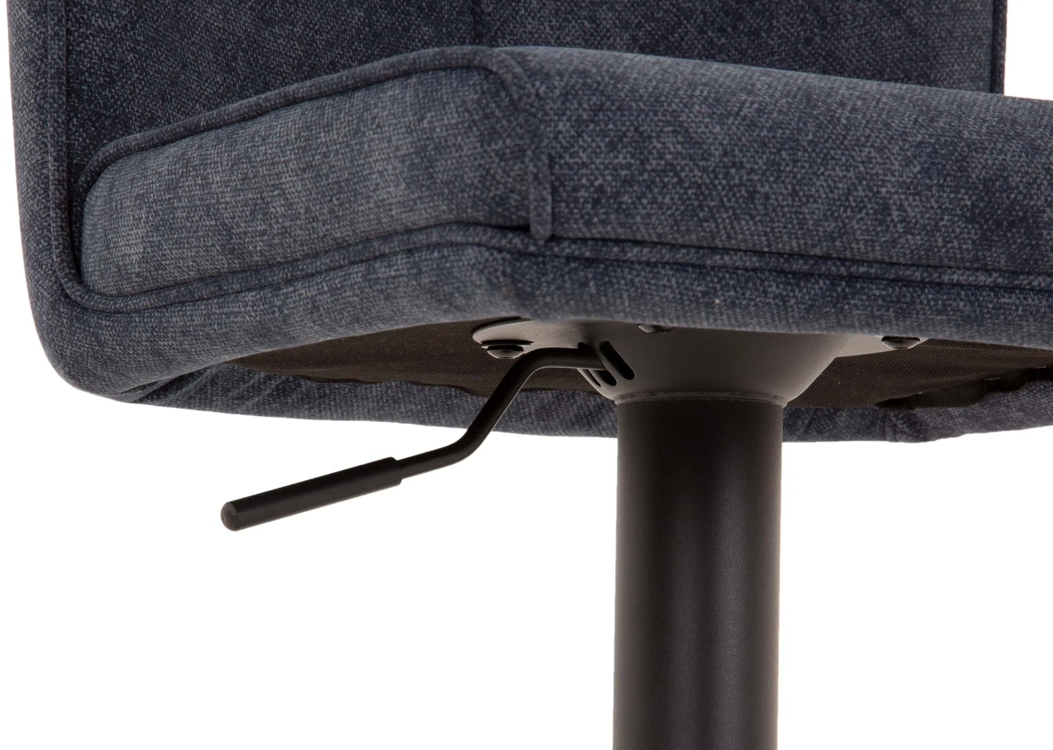 A blue fabric swivel bar stool from EZ Livings Maple range. Closeup of fabric detail and metal lever cntrol under seat.