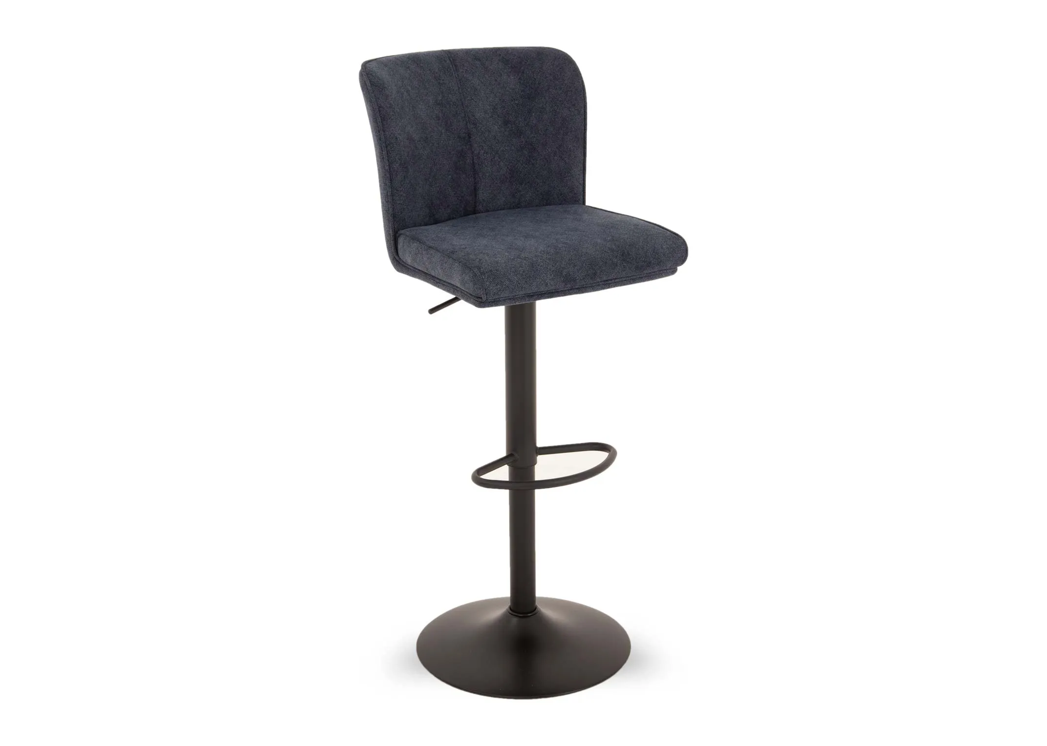 A blue fabric swivel bar stool from EZ Livings Maple range. Angled view of black round metal base