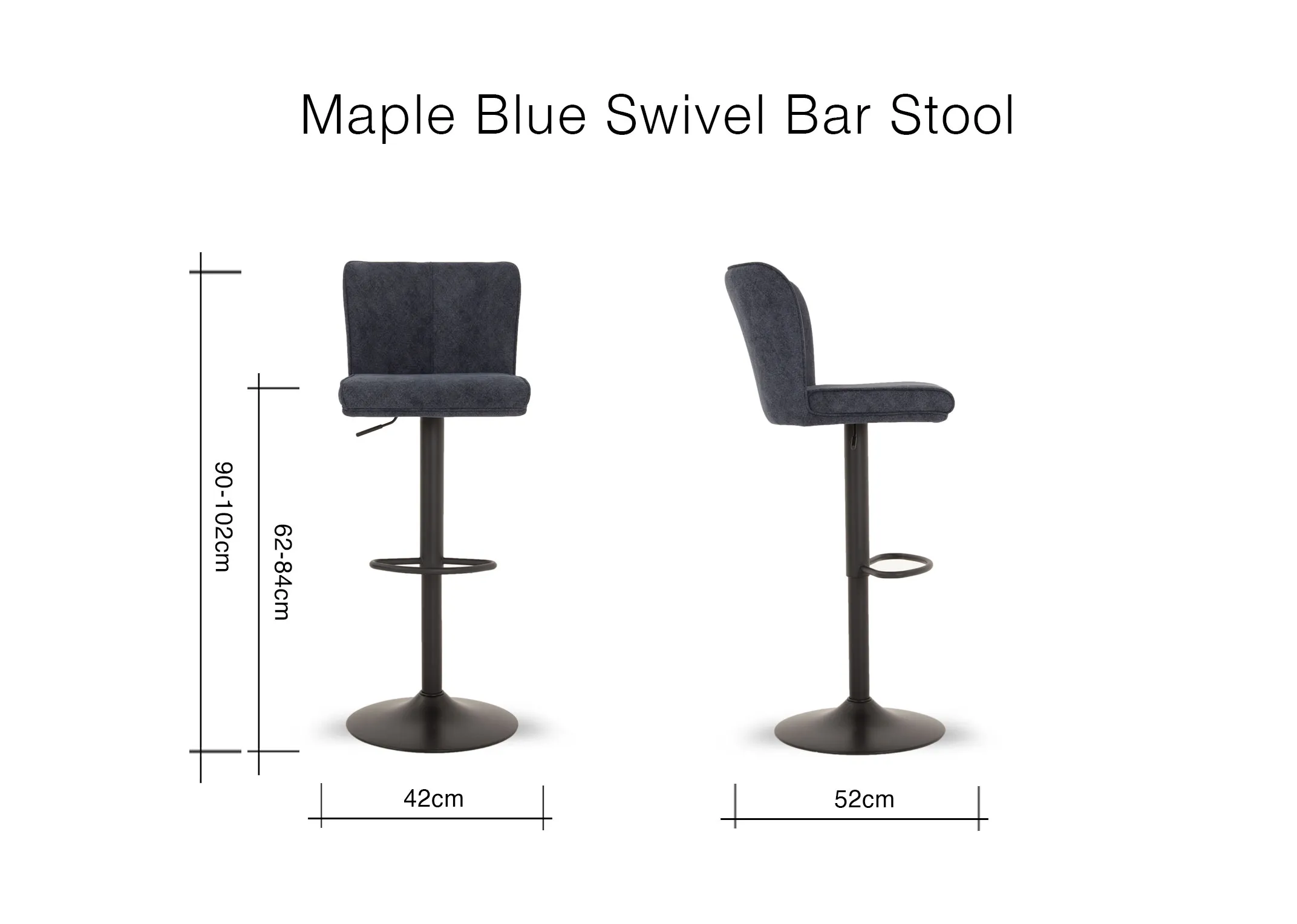 A dimension image of the Maple Bar Stool with 42cm x 52cm x 90cm-102cmH