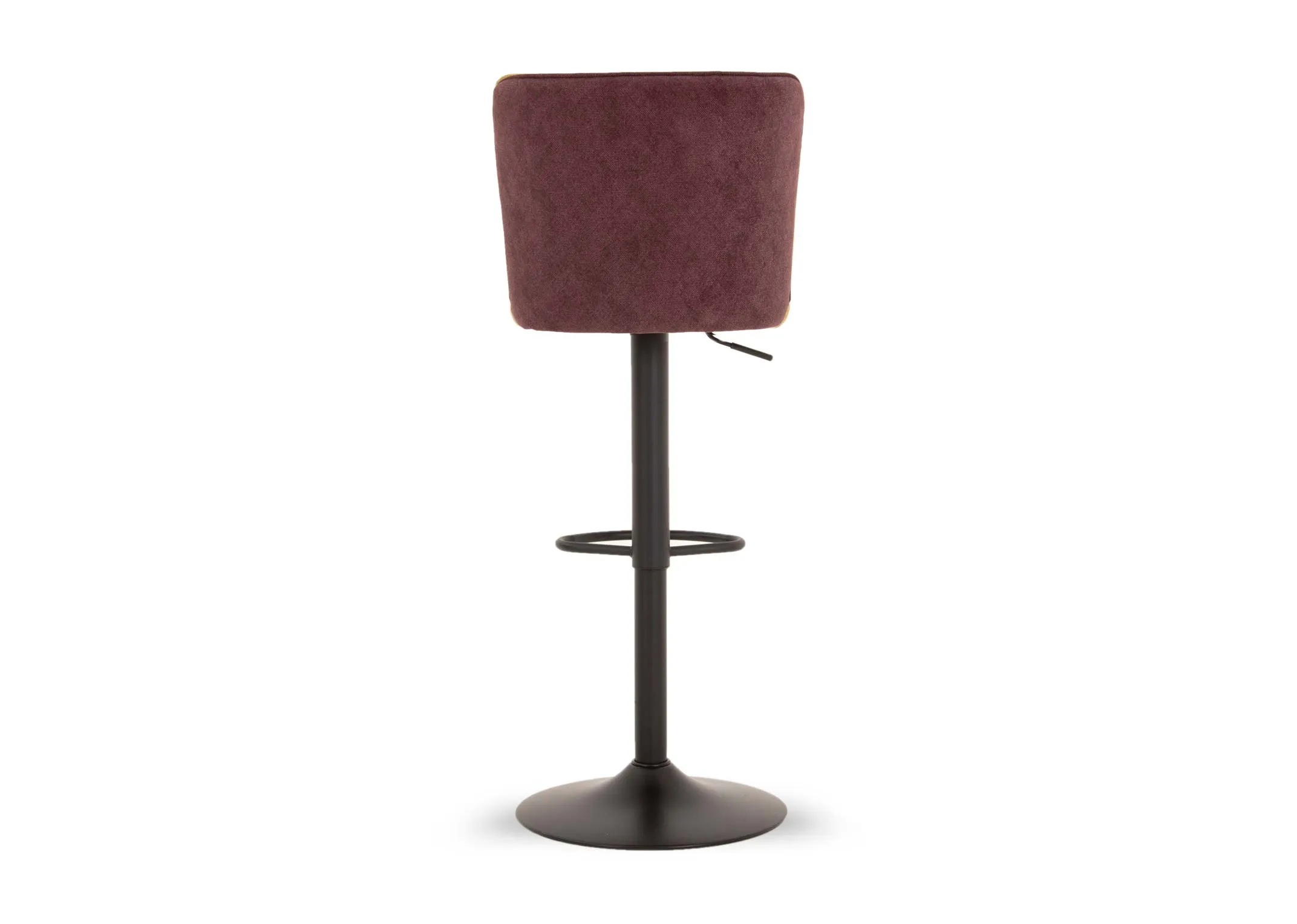 A dark purple fabric swivel bar stool from EZ Livings Maple range. Back view of supportive back rest and metal foot wrung that extends to front.