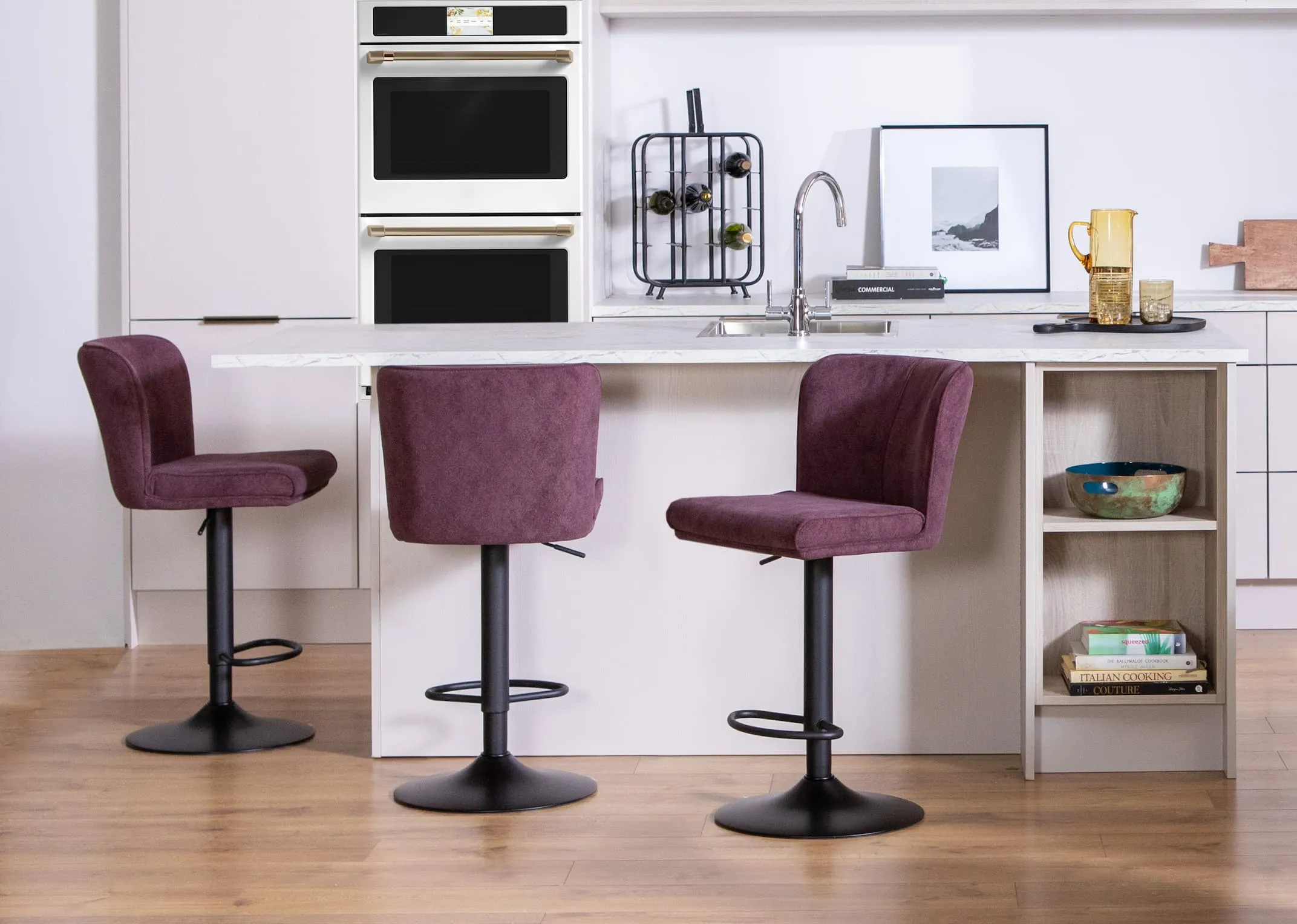 Dark Purple Fabric Swivel Bar Stool - Maple