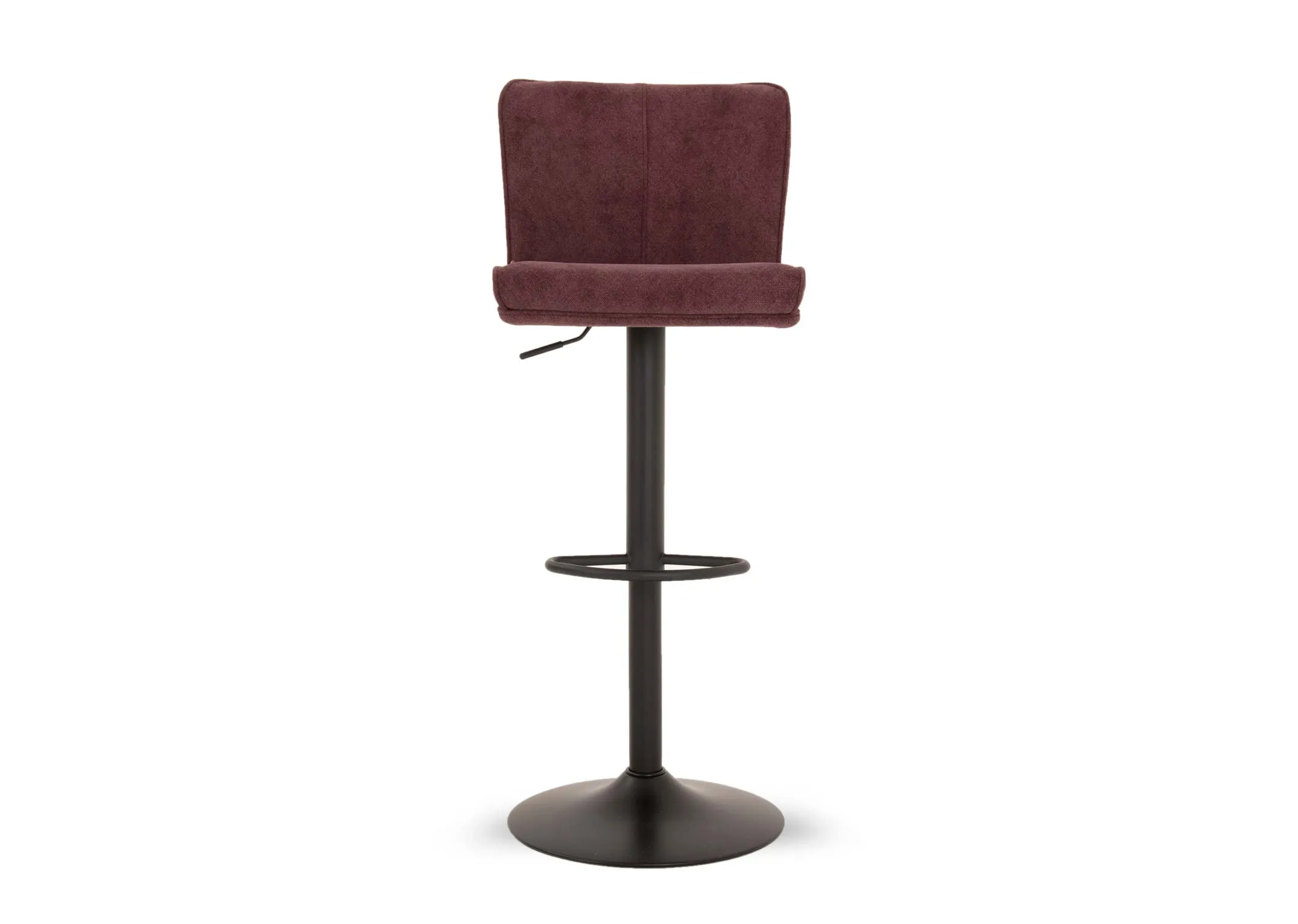 A dark mulberry purple fabric swivel bar stool from EZ Livings Maple range. Front view of round metal rung & level under seat.