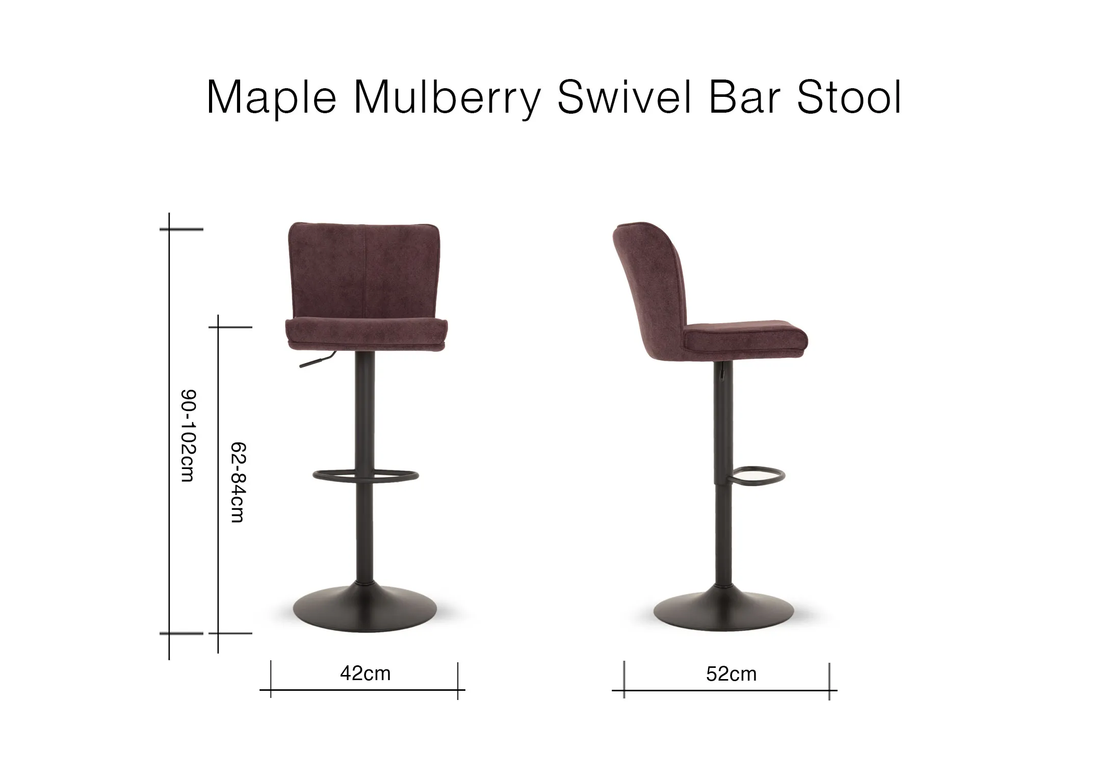 A dimension image of the Maple Bar Stool with 42cm x 52cm x 90cm-102cmH