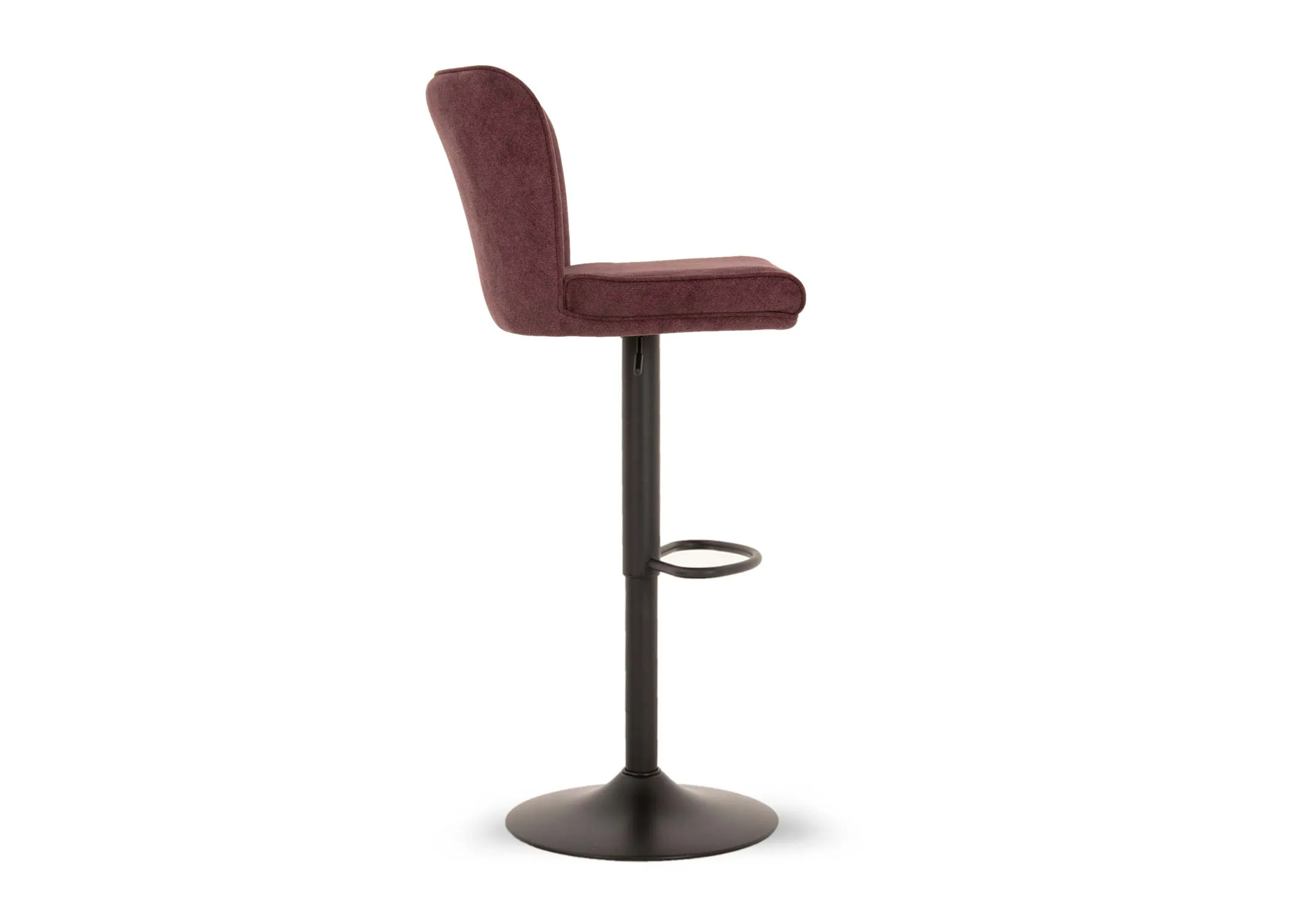 A purple fabric swivel bar stool from EZ Livings Maple range. Side view of fabric detail and metal lever control under seat.