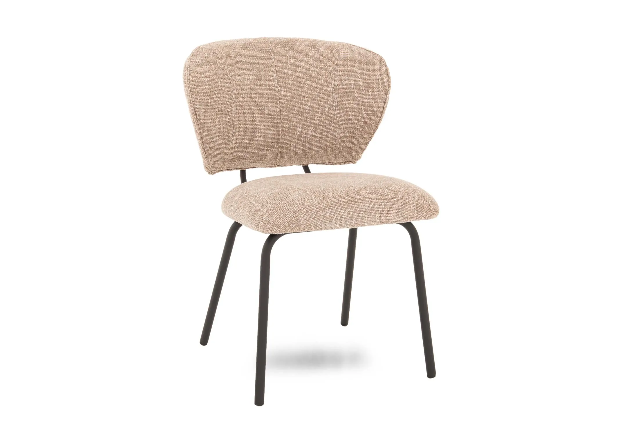 A beige fabric dining chair with black metal legs and frame from EZ Livings Camilia range.