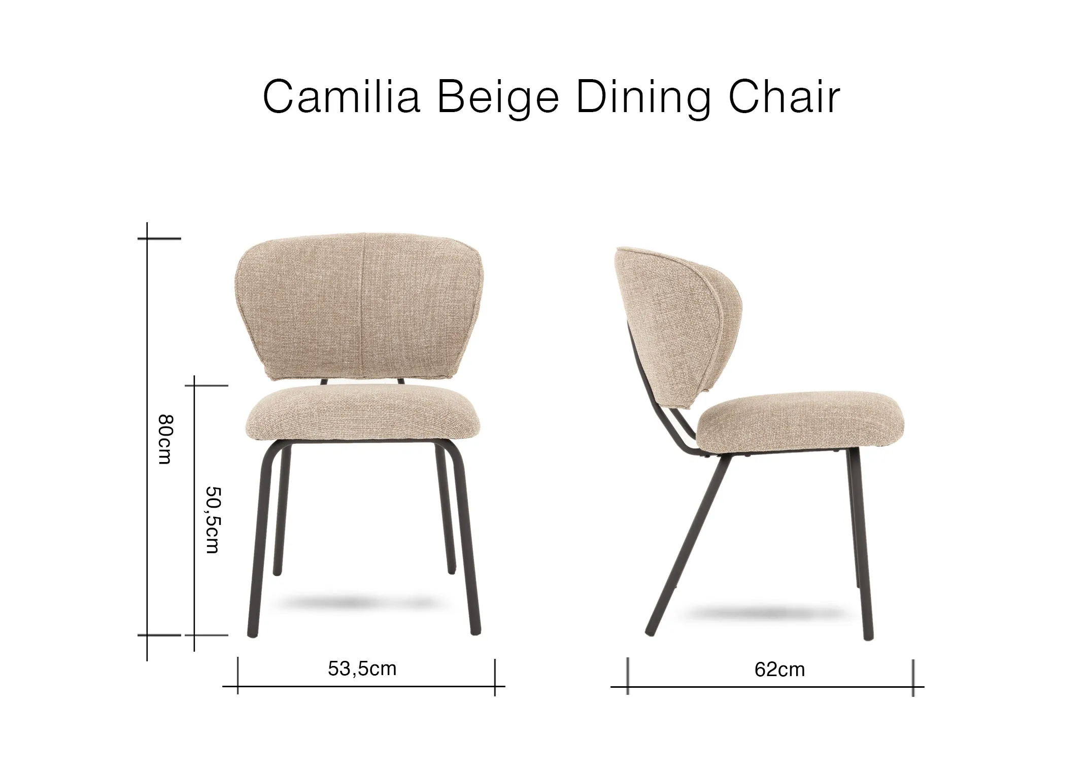 A dimension image of the Camilia dining chair with 58.5cm x 62cm x 80cm