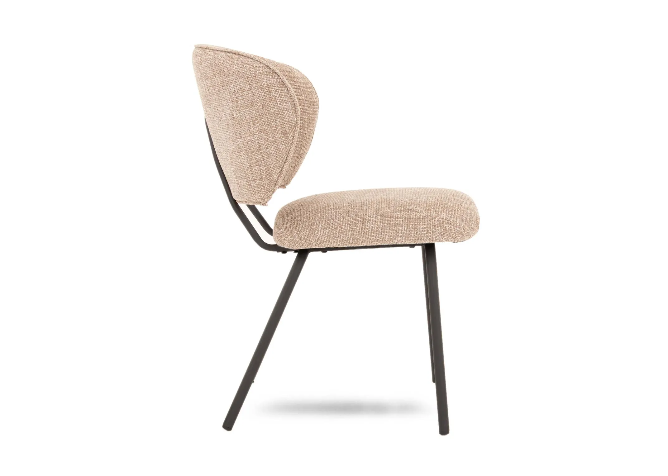 A beige fabric dining chair with black metal legs and frame from EZ Livings Camilia range. Front view of fabric covered seat cushion and back