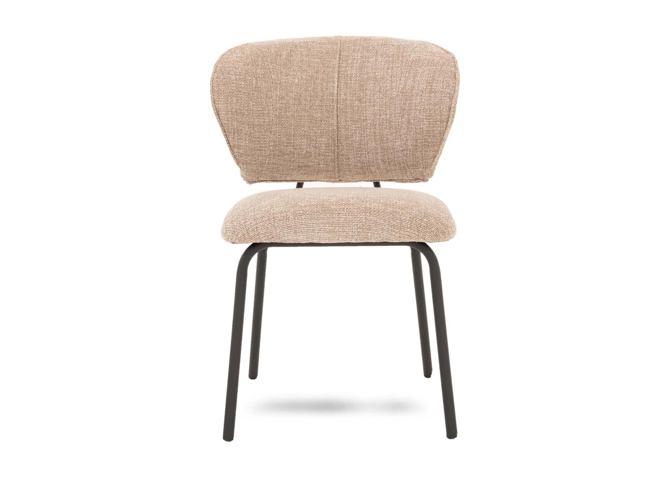 A beige fabric dining chair with black metal legs and frame from EZ Livings Camilia range. Front view of fabric covered seat cushion and back