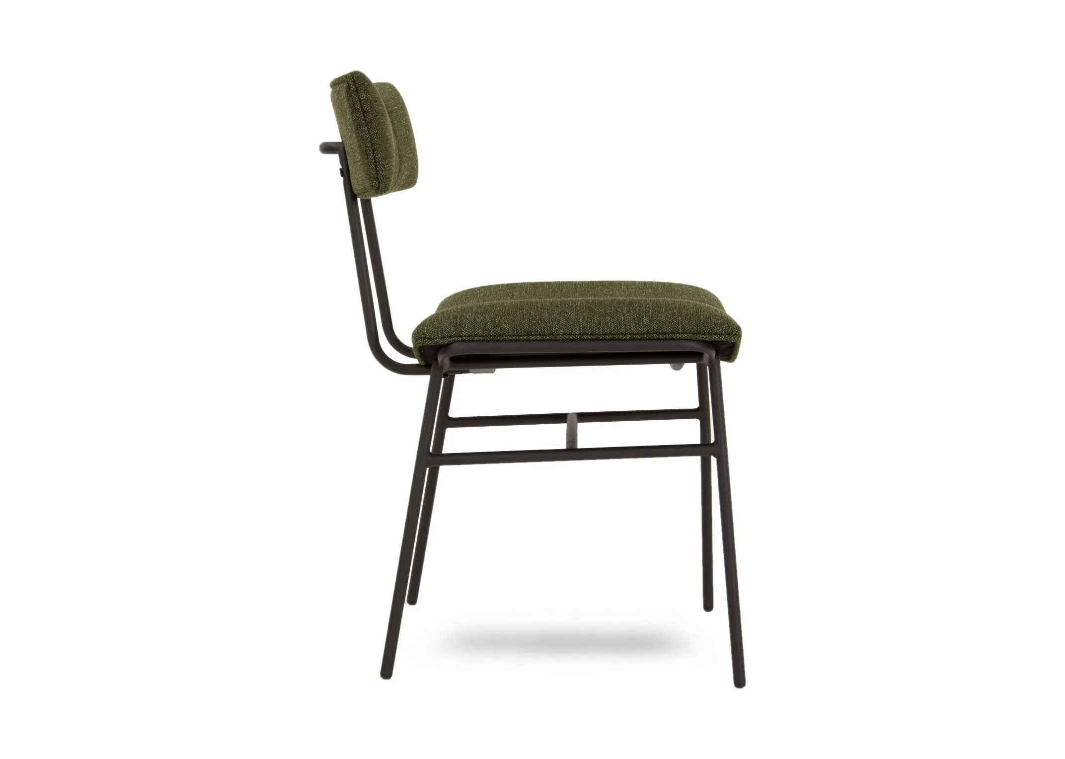 A metal frame dining chair with green fabric seat and slim back from EZ Livings Decker range. Side veiw of frame and padded seat