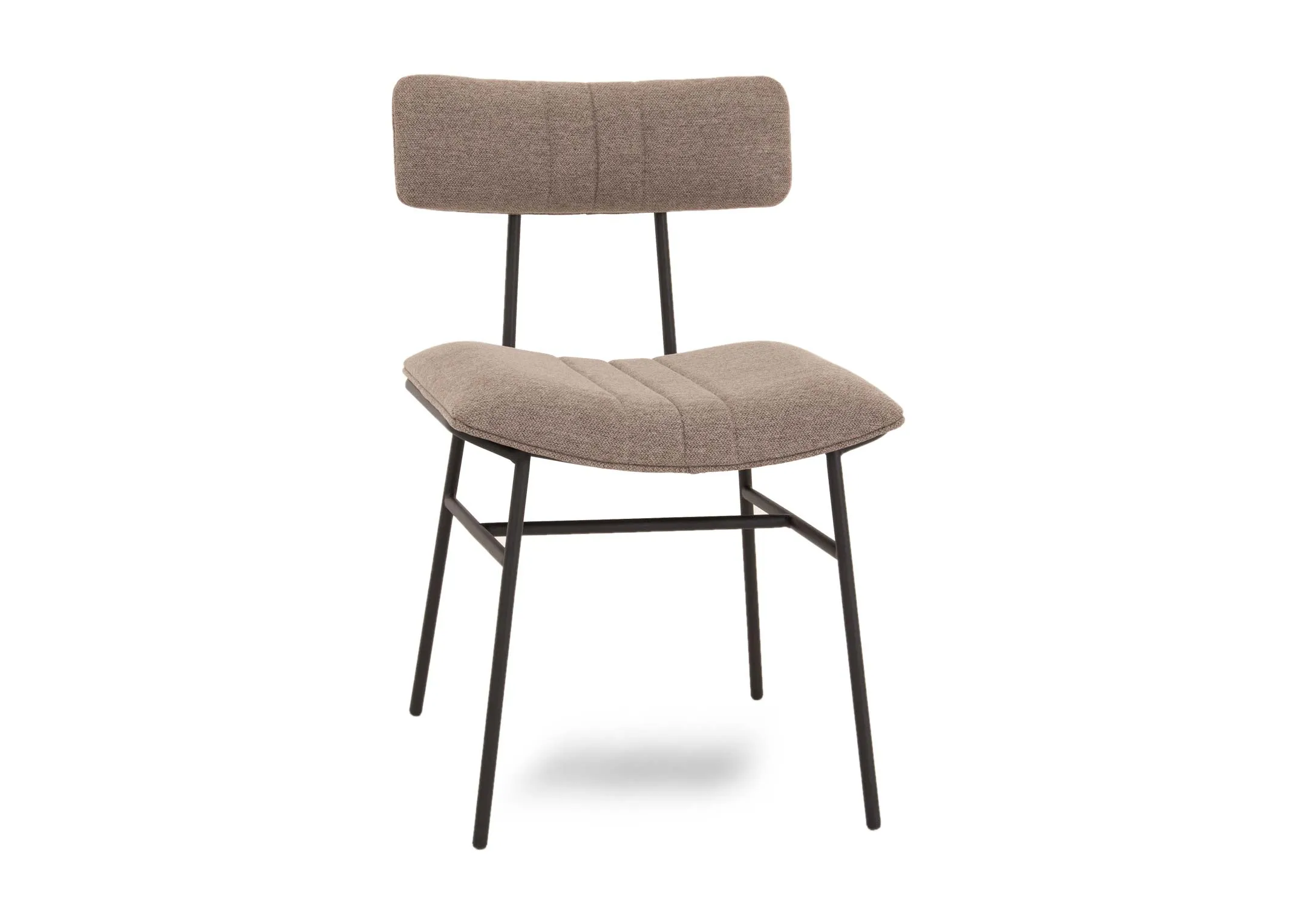 A metal frame dining chair with grey fabric seat and slim back from EZ Livings Decker range. Angled view of curved seat with seam detail.