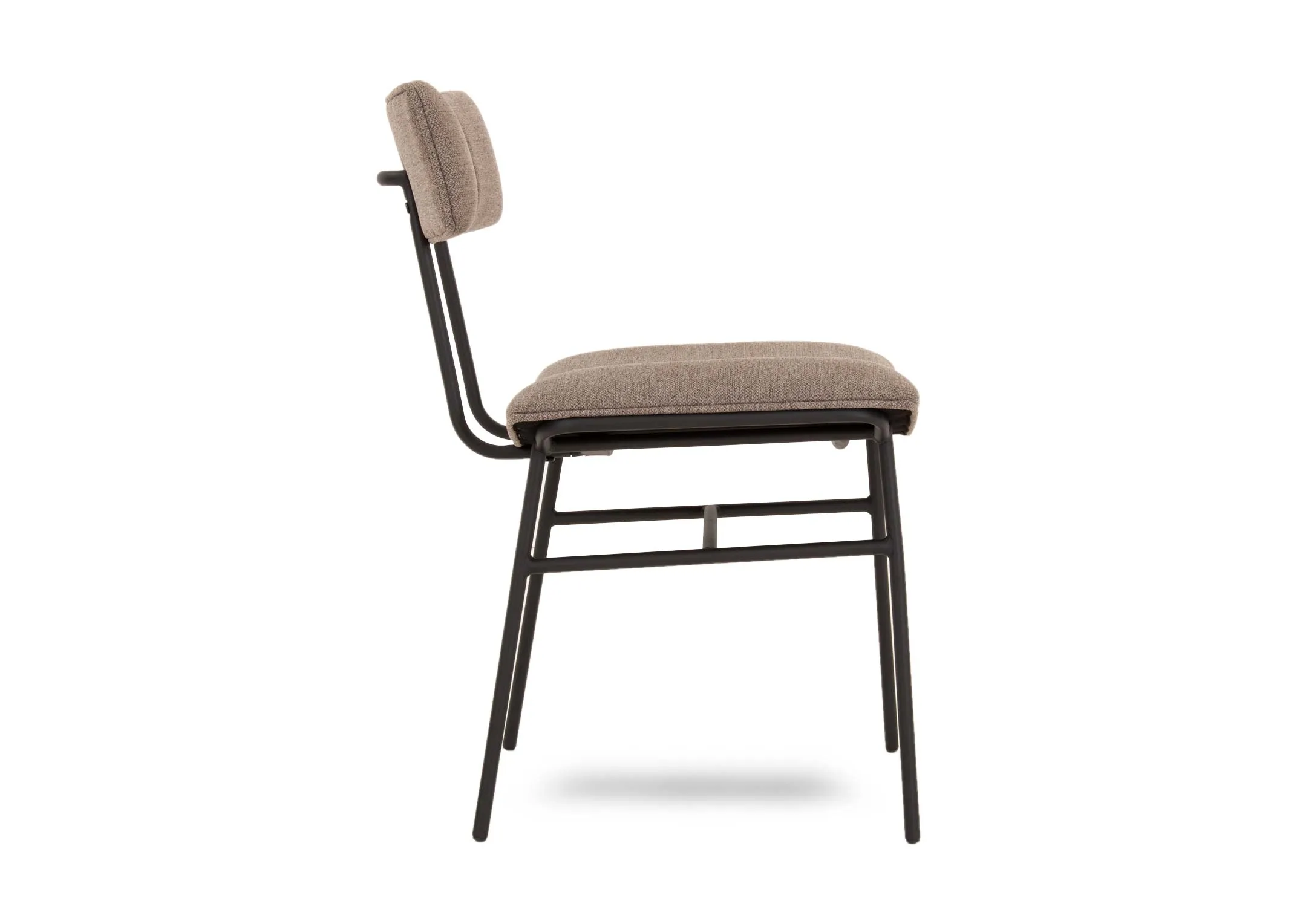 A metal frame dining chair with grey fabric seat and slim back from EZ Livings Decker range. Side view of metal frame with skinny legs