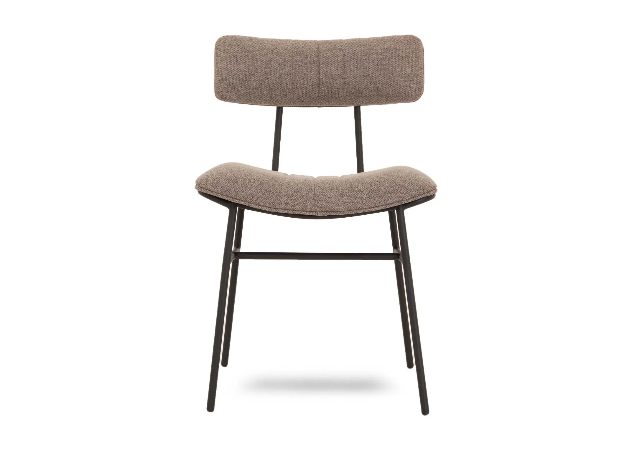 A metal frame dining chair with grey fabric seat and slim back from EZ Livings Decker range. Front view of arched back and metal spine