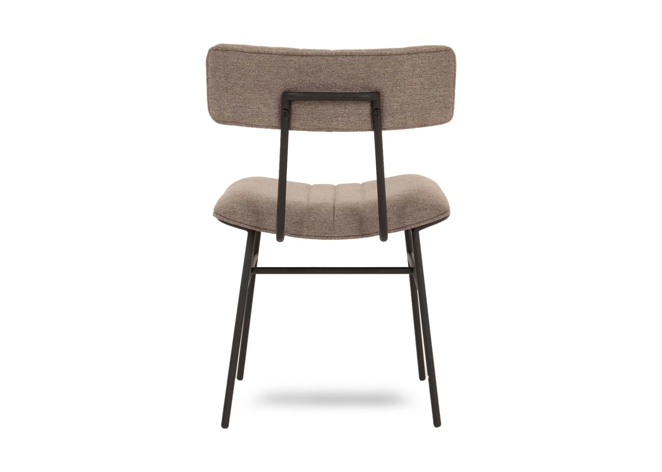 A metal frame dining chair with grey fabric seat and slim back from EZ Livings Decker range. Back view of metal frame