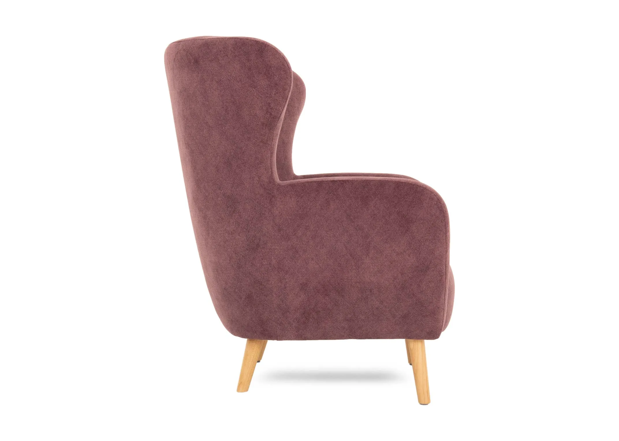 A warm mulberry fabric occasion chair from EZ Livings Narnia range. Side view of low seat and oak feet