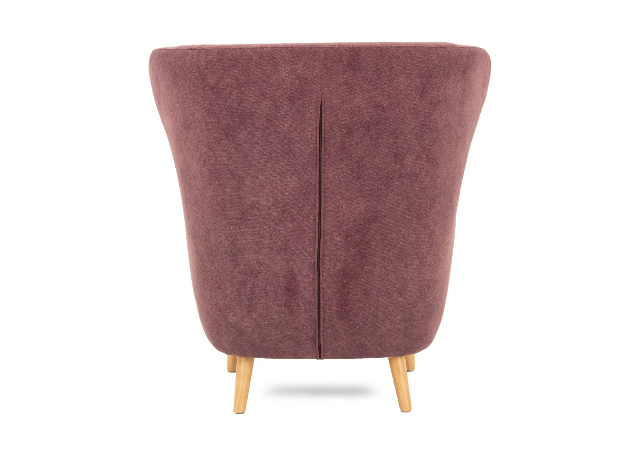 A warm mulberry fabric occasion chair from EZ Livings Narnia range. Back veiw of low to floor base and seamed back