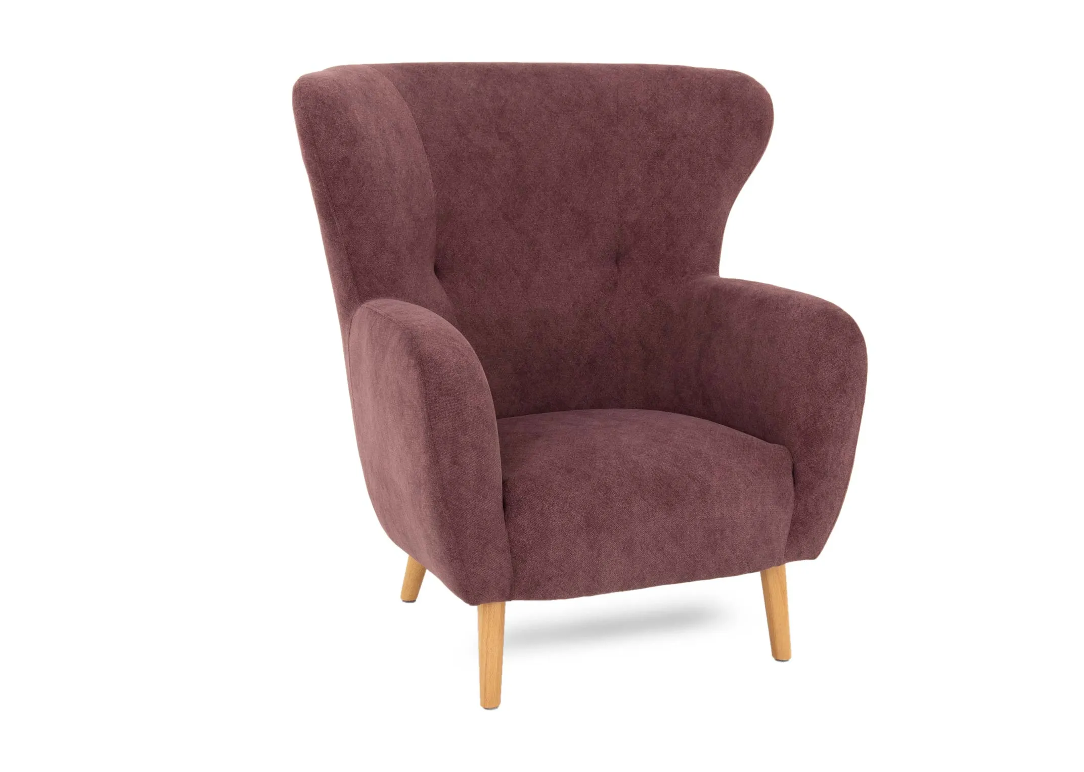 A warm mulberry fabric occasion chair from EZ Livings Narnia range. Angled view of rounded armrests and curved wing back