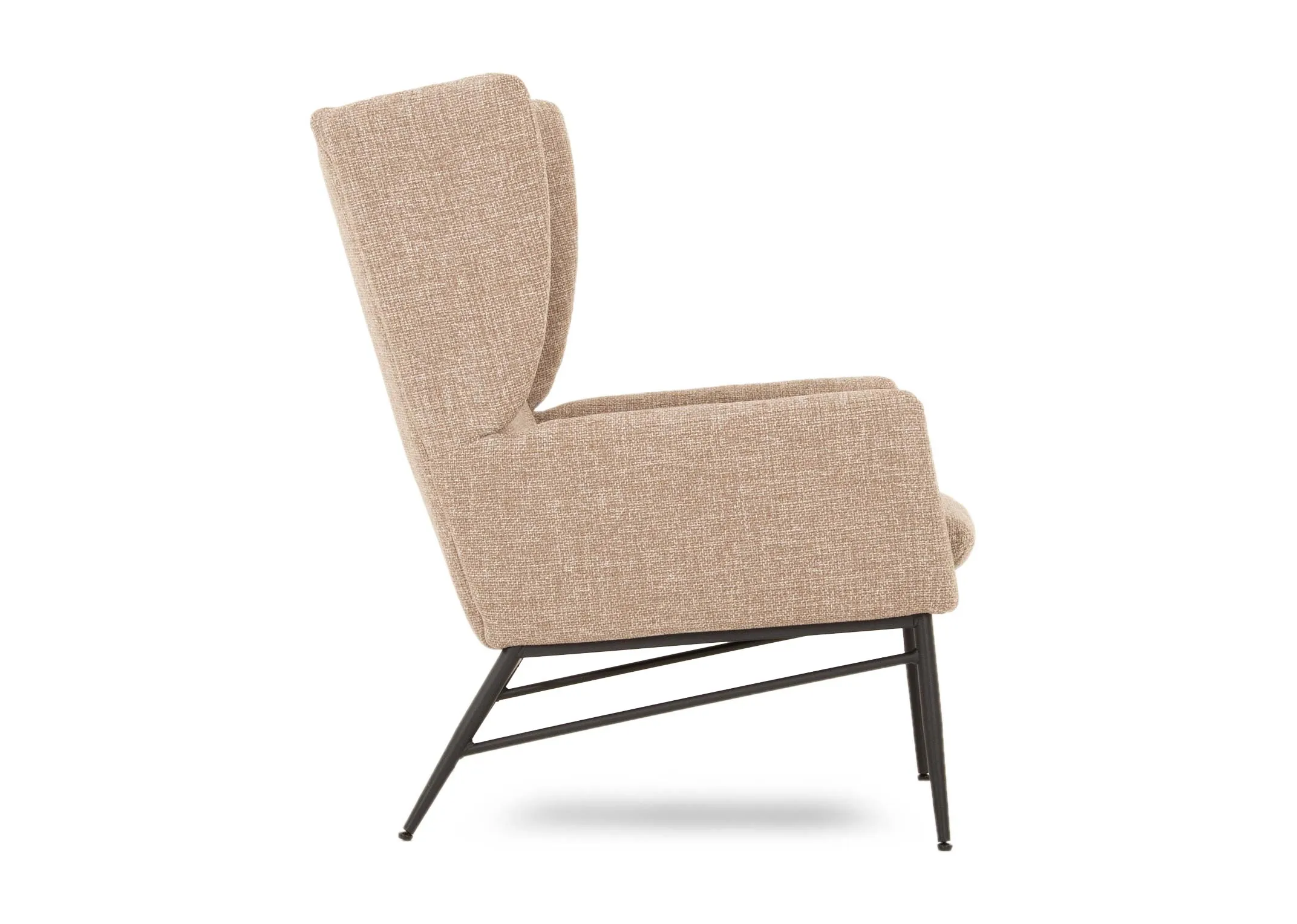 A beige fabric wing chair & footstool set from EZ Livings Boston range. Side view of side support on armchair