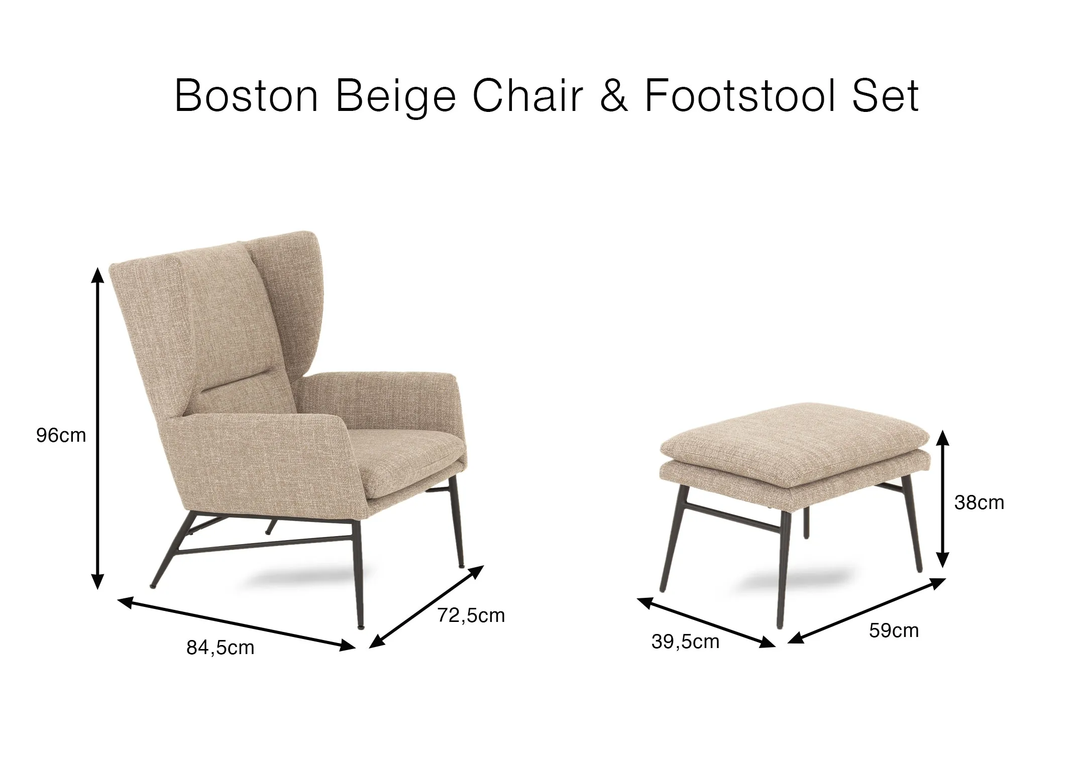 A dimension image of the Boston Chair 72.5cm x 84.5cm x 96cm & Footstool 69cm x 39cm x 39.5cm