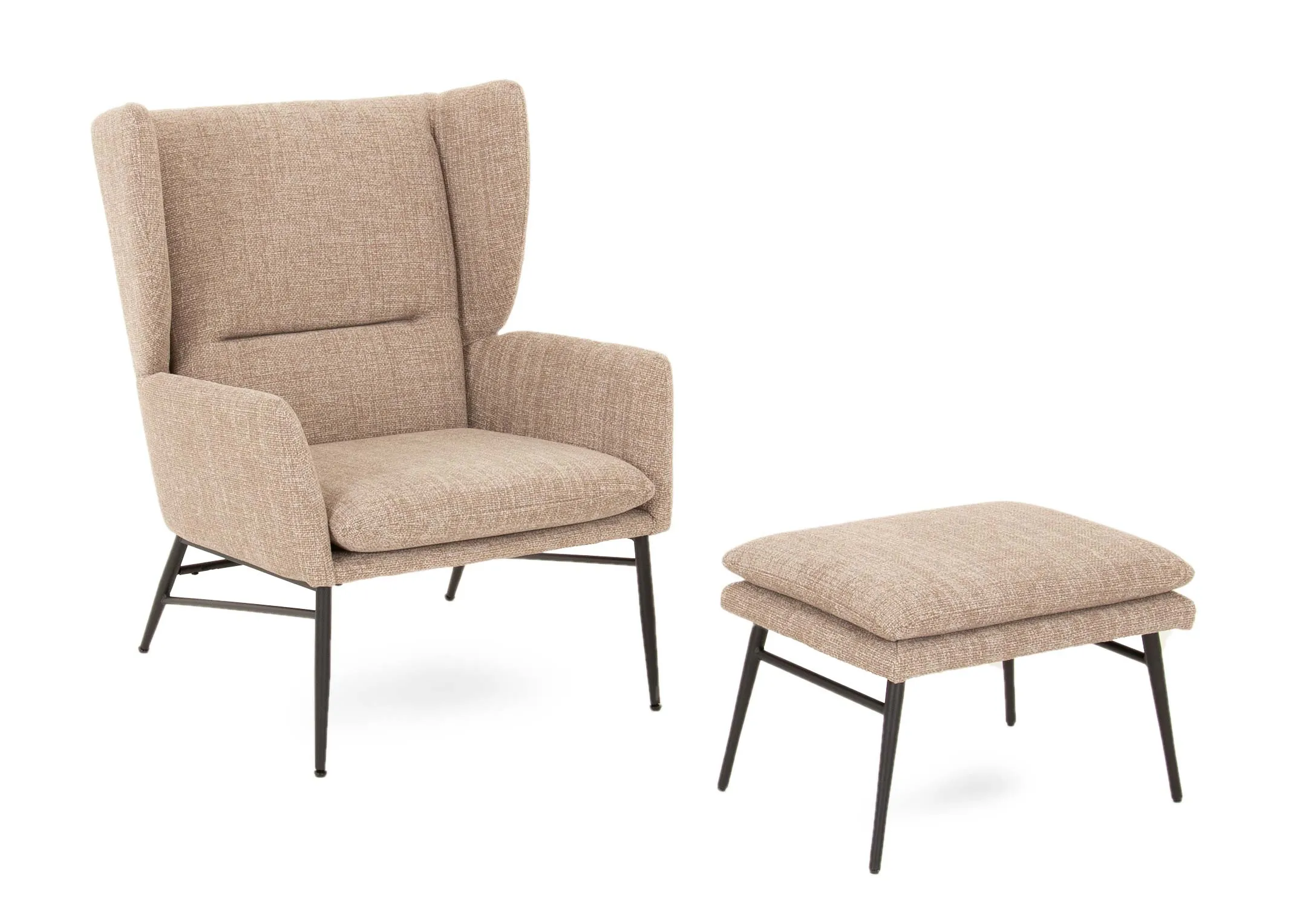 A beige fabric wing chair & footstool set from EZ Livings Boston range. Angled view of black metal frame and legs