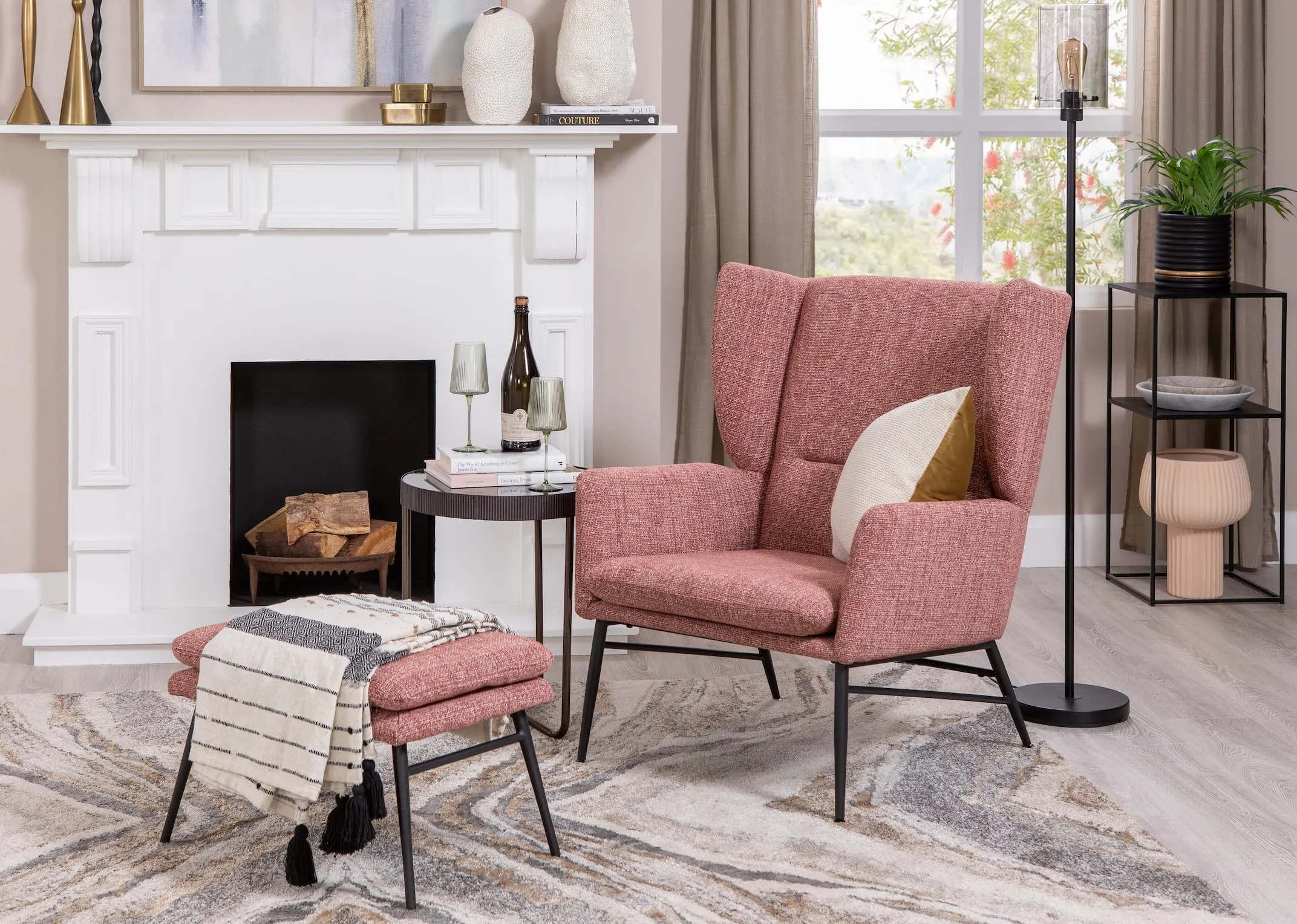 Coral Pink Accent Armchair & Footstool Set - Boston