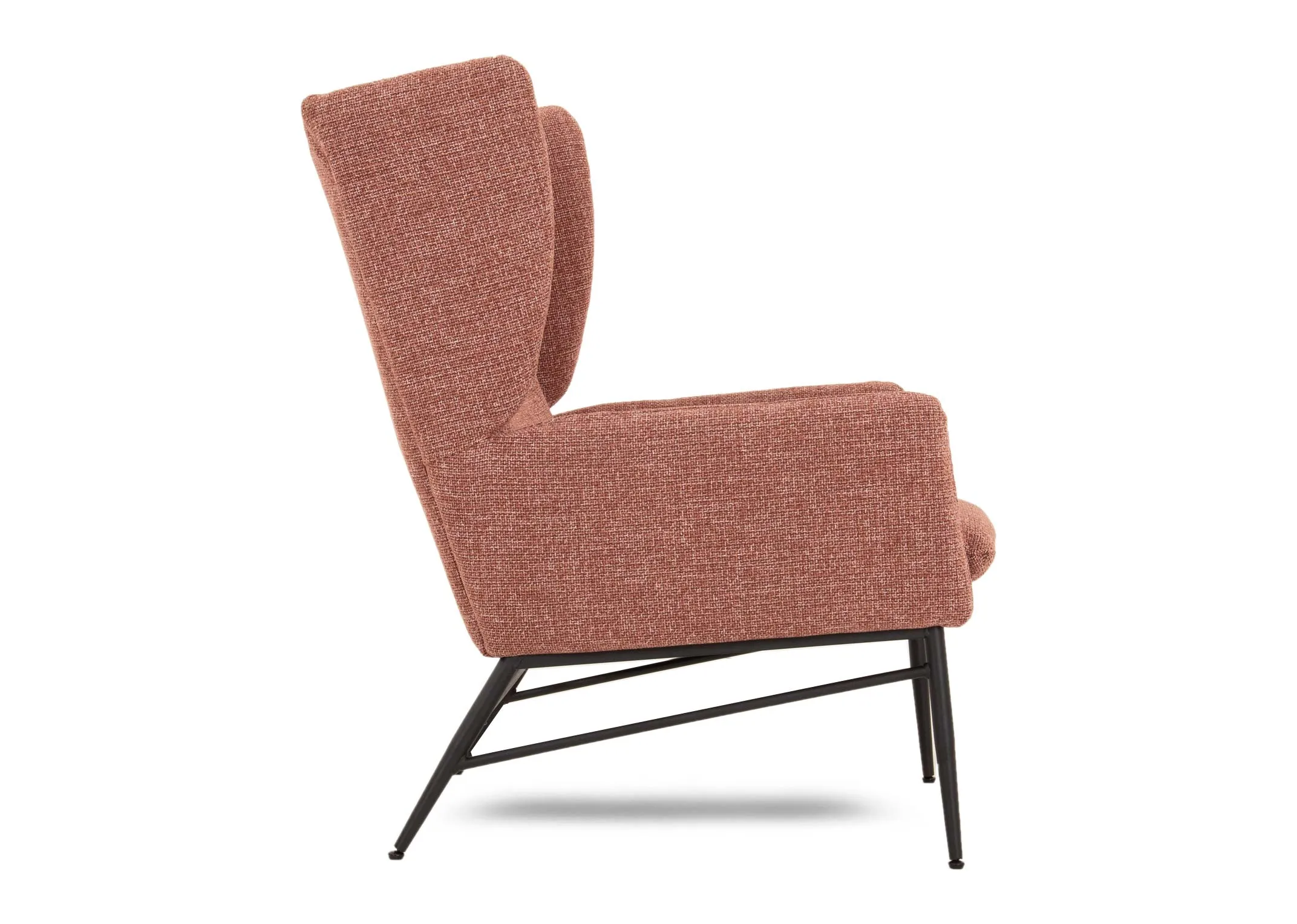 A dark pink fabric wing chair & footstool set from EZ Livings Boston range. Side view of winged seat back