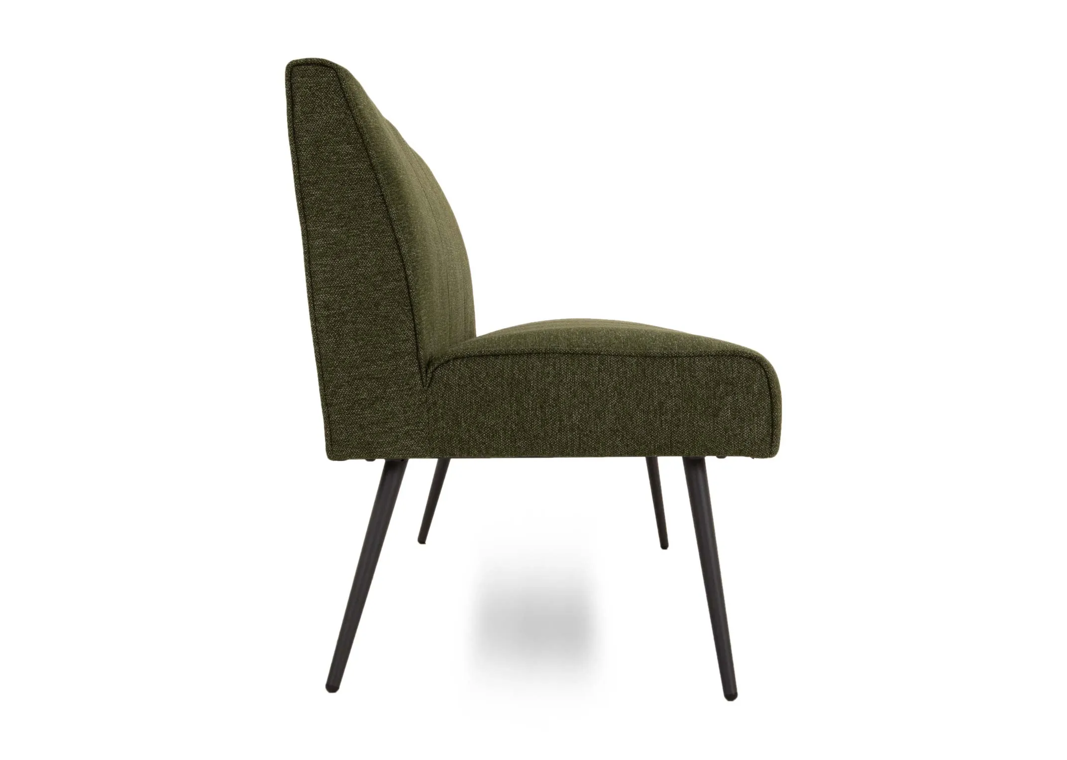A green fabric dining bench from EZ Living Furnitures Decker range. Side view of covered and padded seat and back