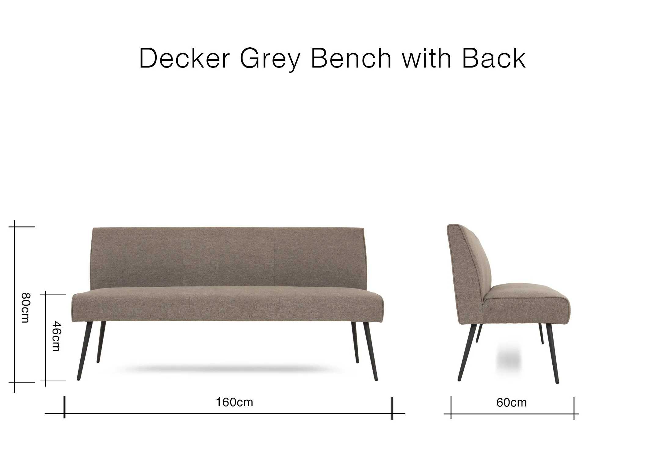 A dimension image of the Decker Grey bench with 160cm x 60cm x 80cm x 42cm