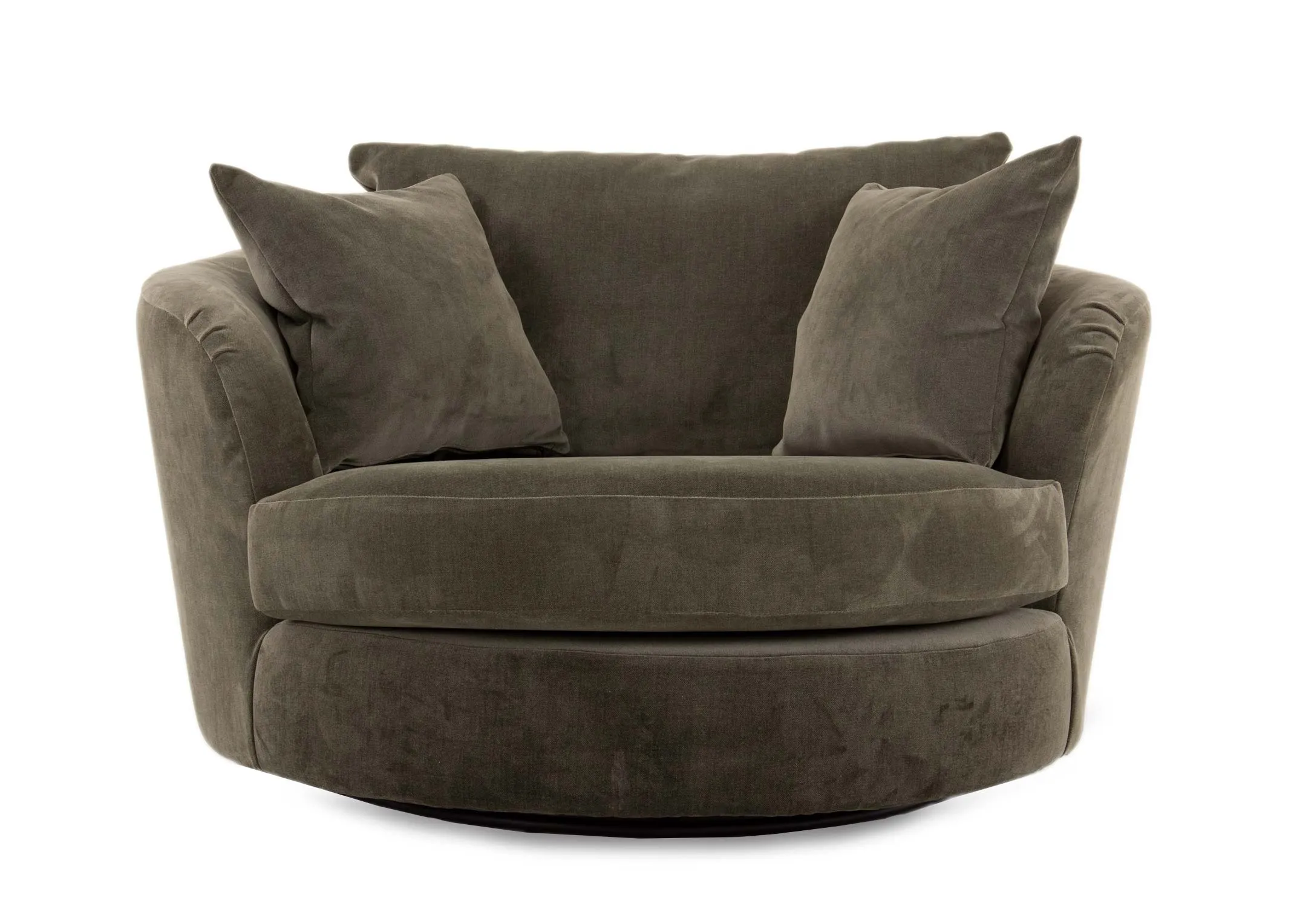 A green fabric swivel cuddler from EZ Livings Lucius range. Front view of curved chair that moves side to side
