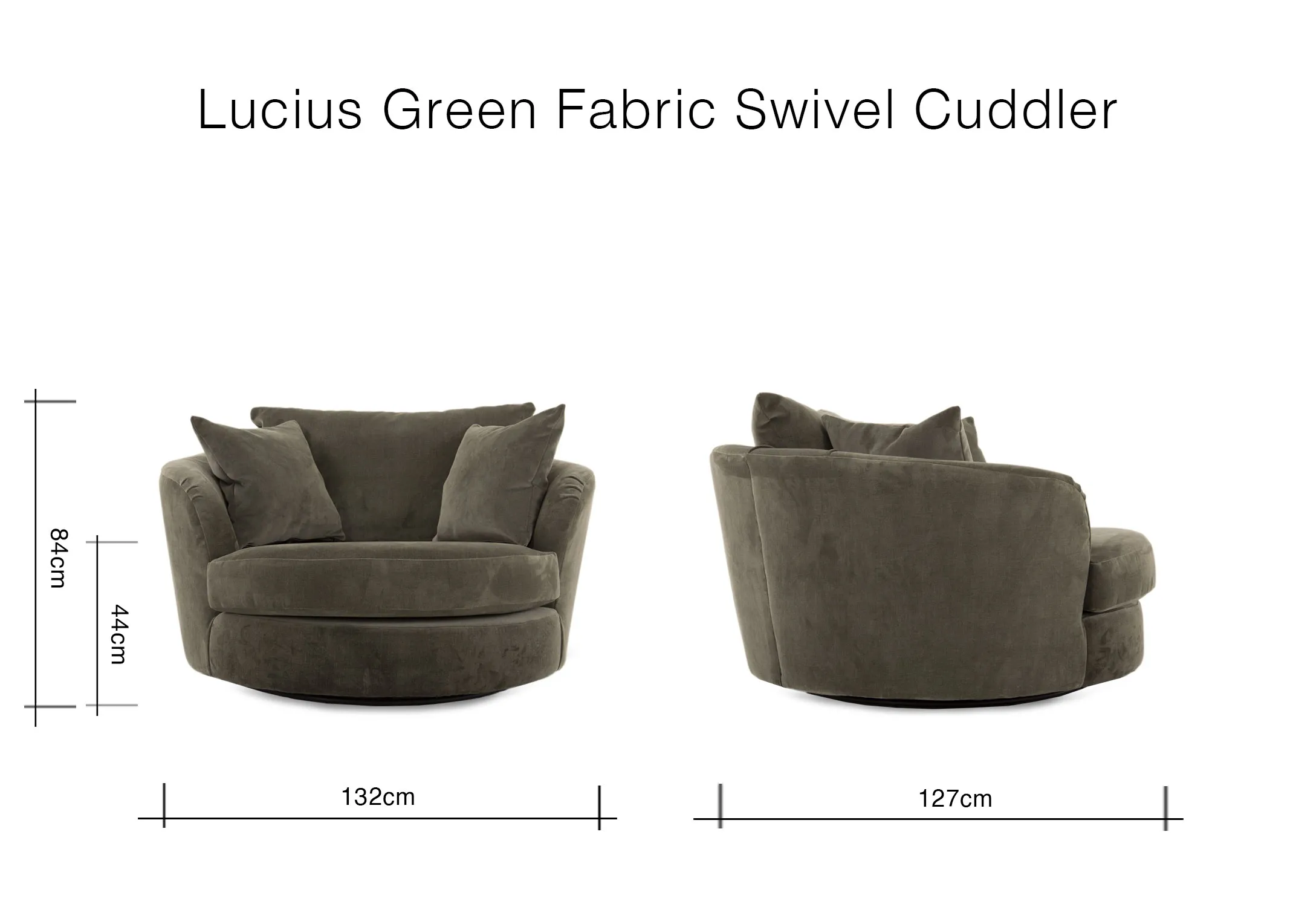 A dimension image of the Lucius Swivel Cuddler with 132cm x 127cm x 84cm