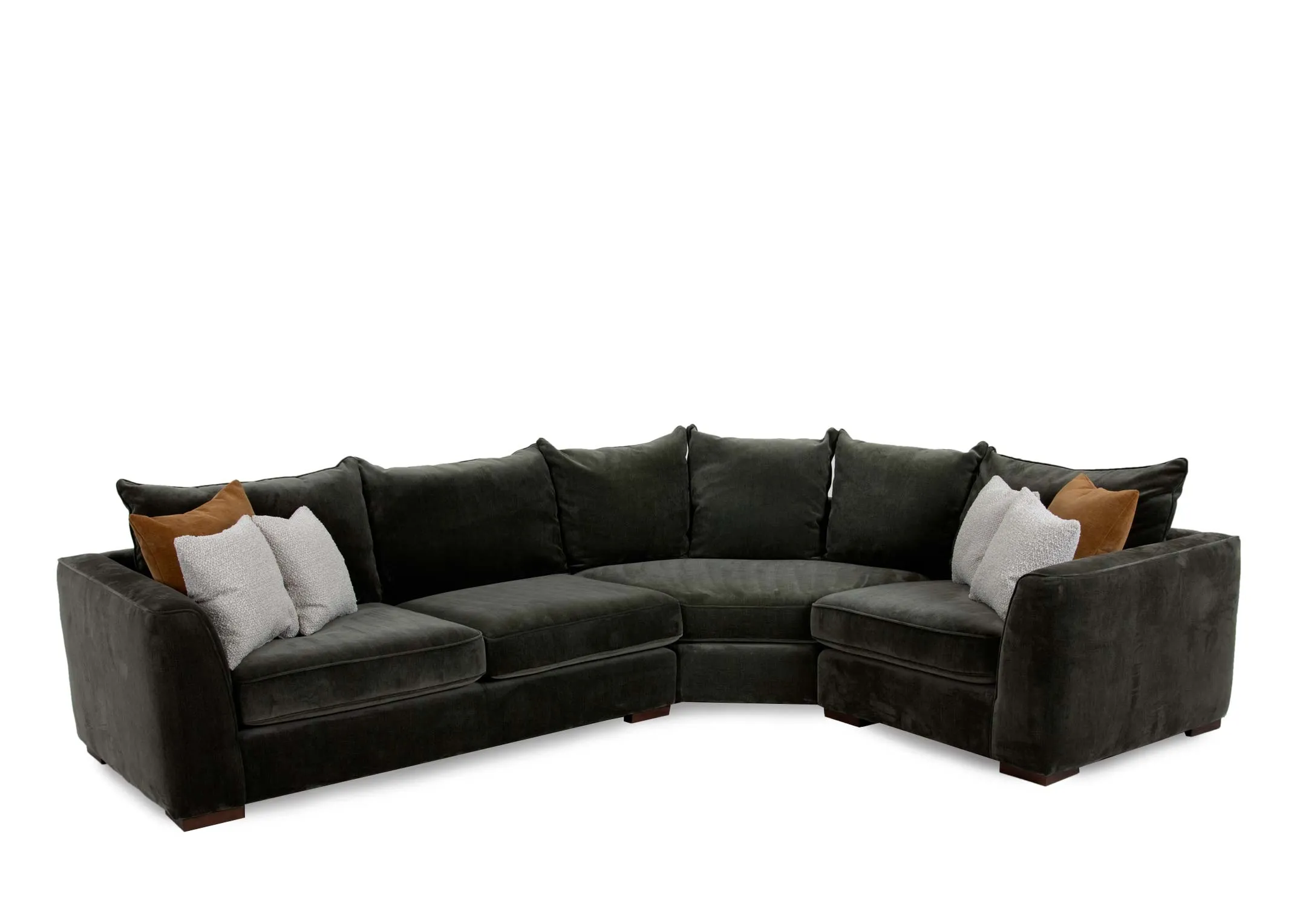 A khaki green fabric corner sofa from EZ Livings Lucius range. Angled view of 2 white and 2 gold scatter cushions.