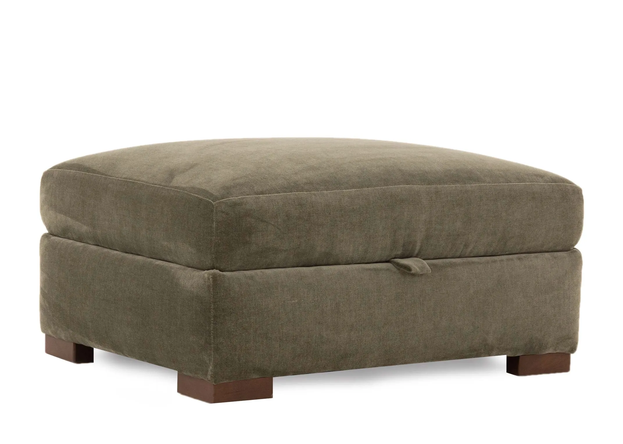 A light green fabric storage footstool from EZ Livings Lucius range. Angled view of dark feet.