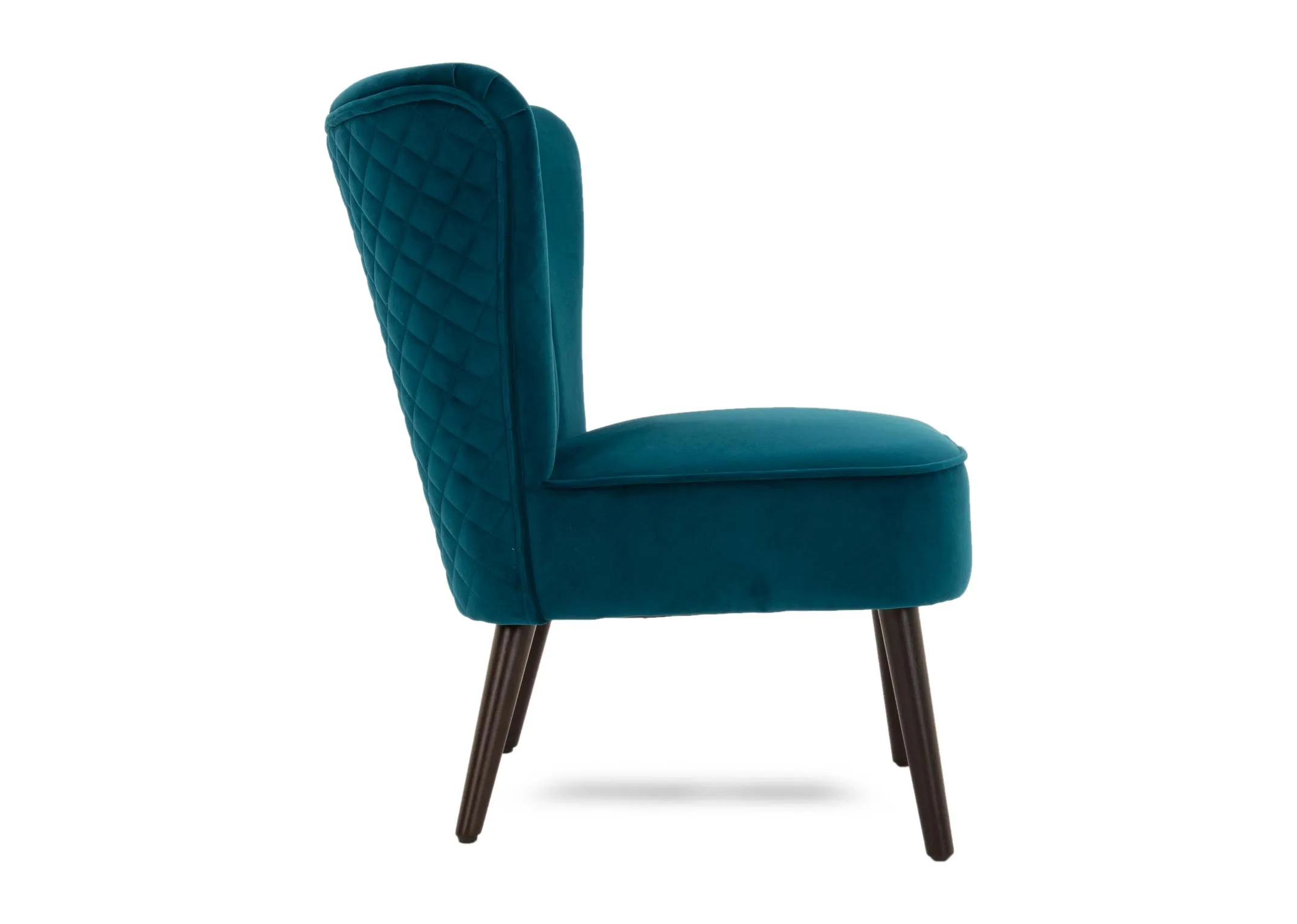 A teal fabric lounge chair from EZ Livings Furnitures Sakura range. Side veiw of curved seat back