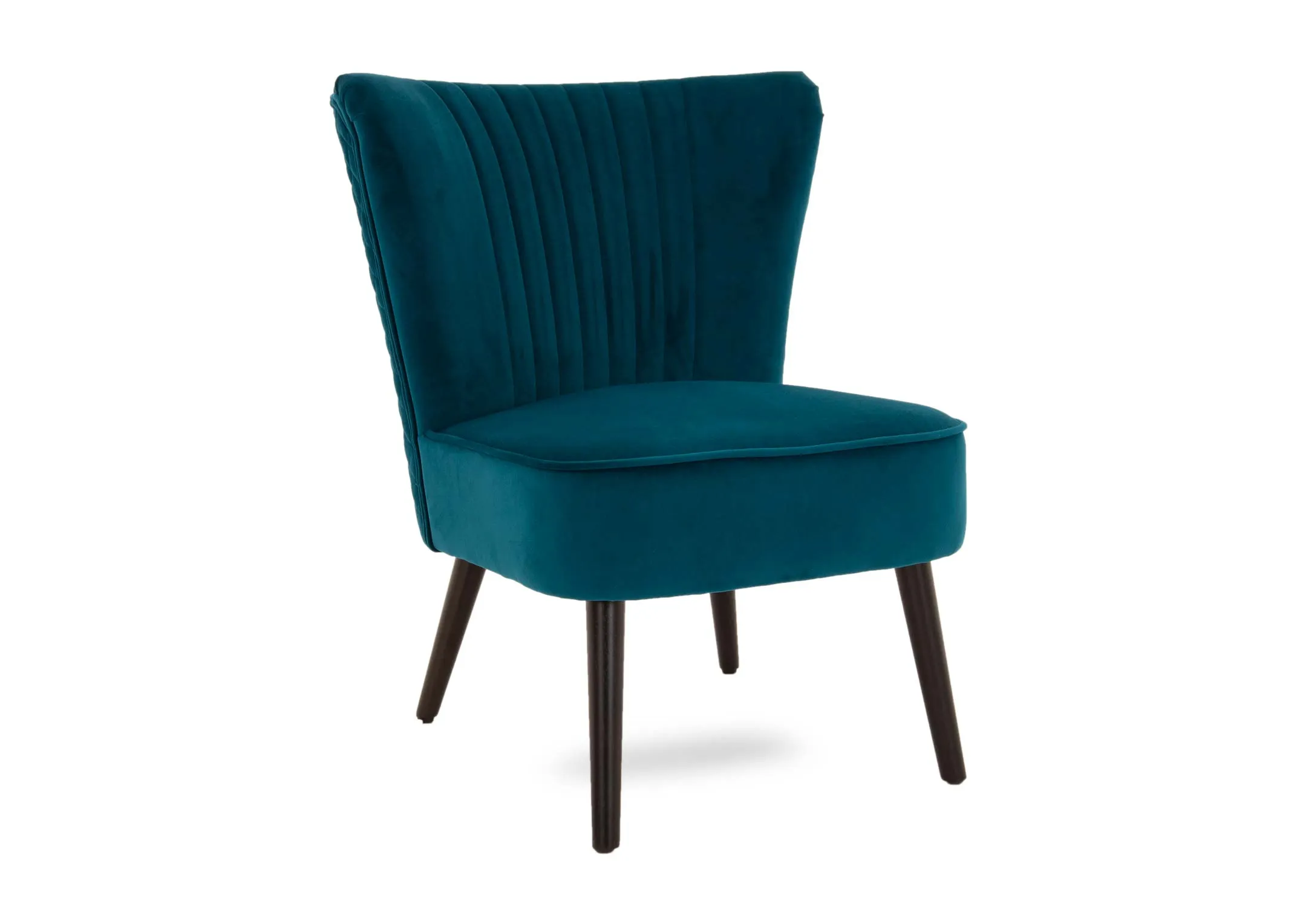 A teal fabric lounge chair from EZ Livings Furnitures Sakura range. Angled view of seamed seat back and cushioned seat 