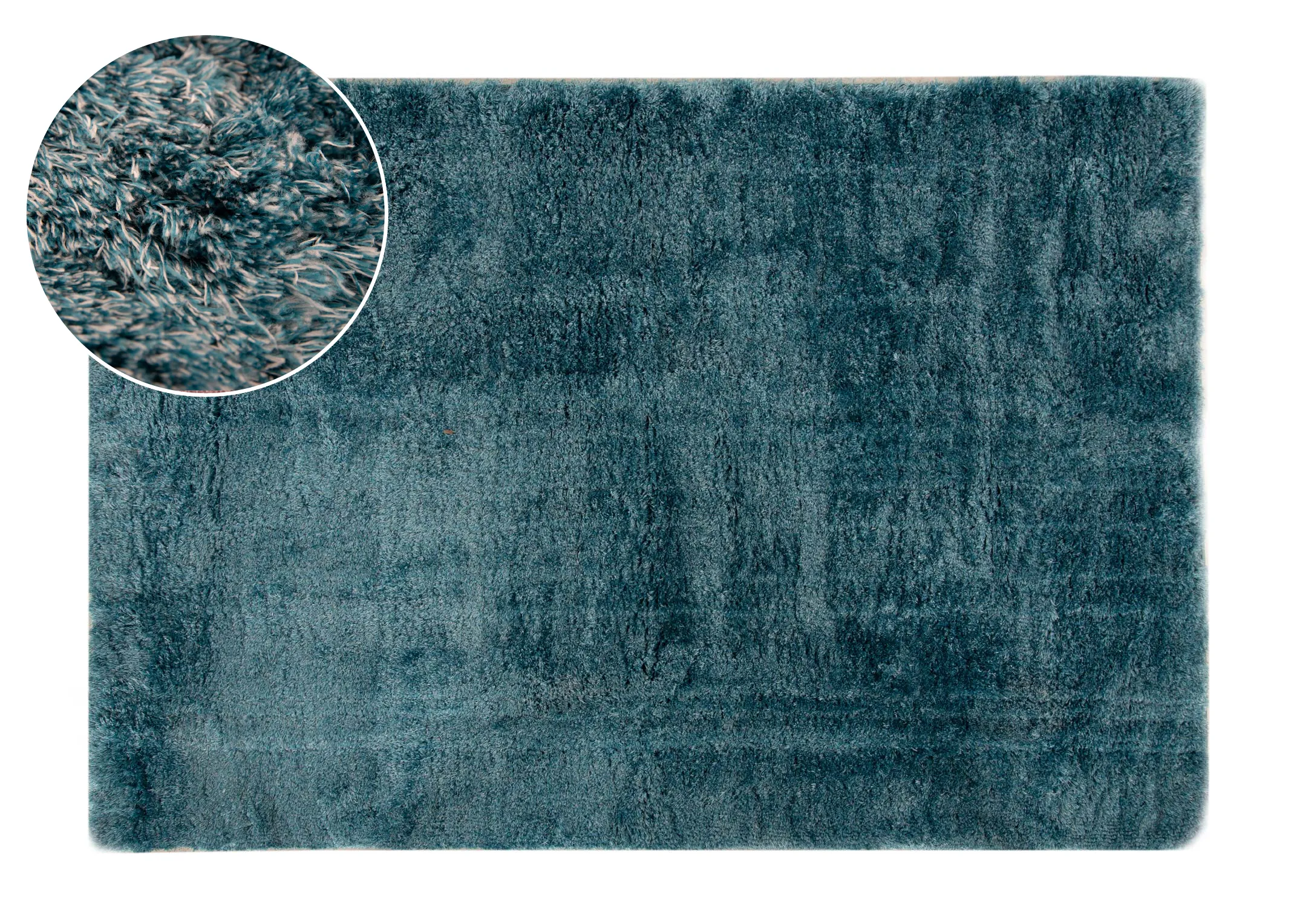 An aqua teal deep pile rug from EZ Livings Lux range. Front horizontal view with zoom window on texture.