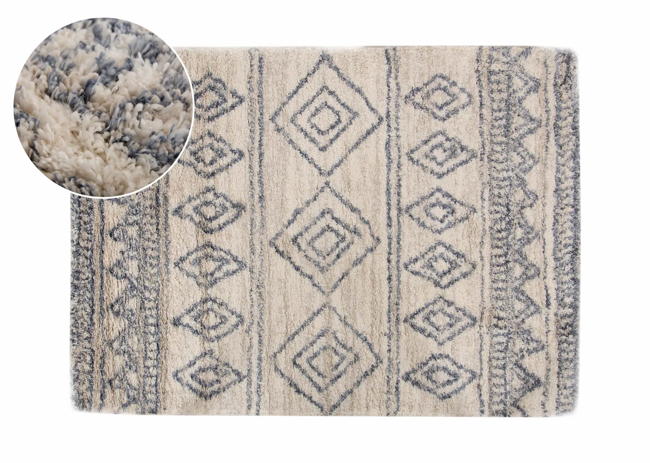 A creamy white deep pile rug with blue Aztec print from EZ Livings Sula range. Horizontal view of soft rug with closeup window onf detail.