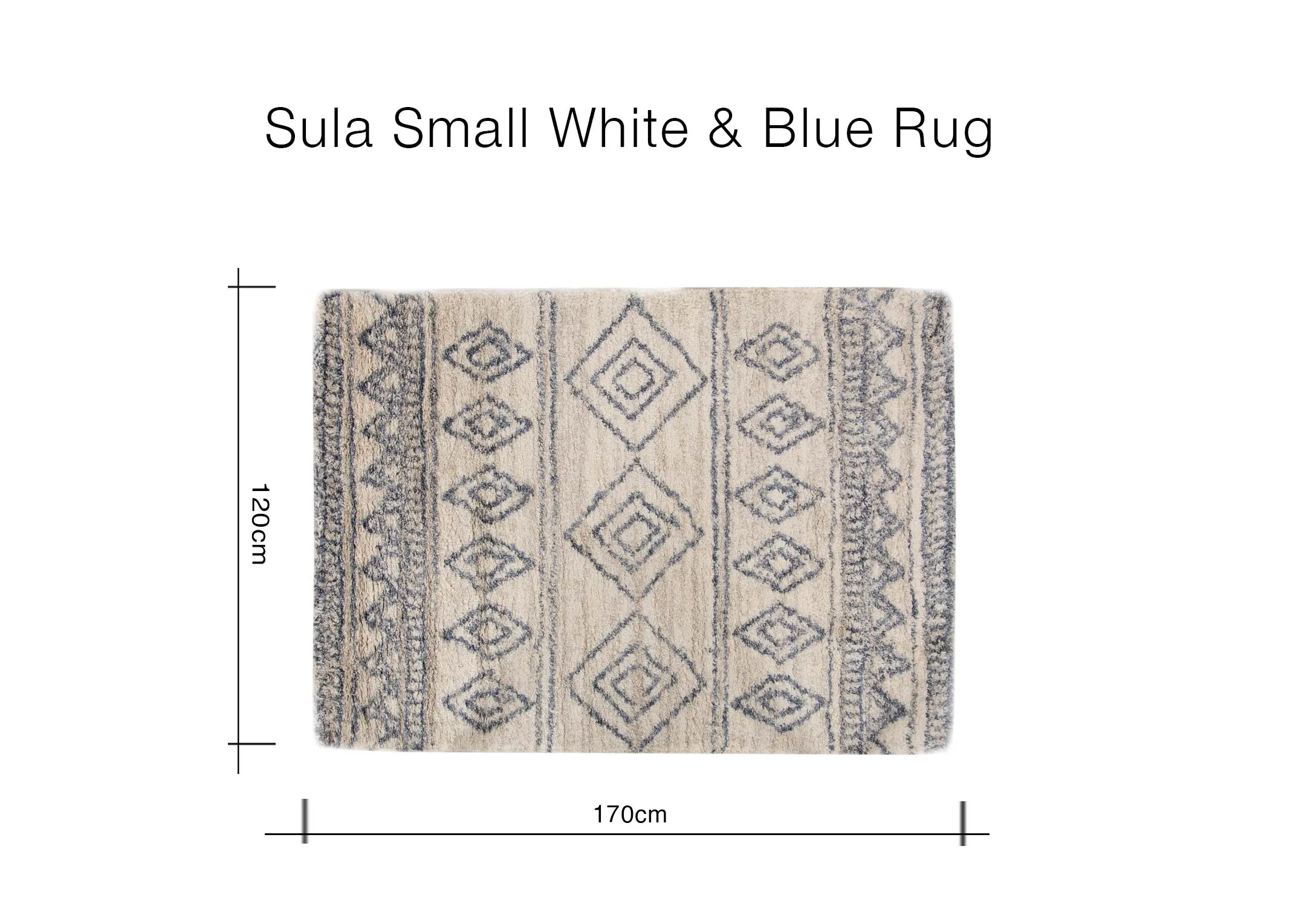 A dimension image of the Sula White & Blue rug with 170c x 120cm