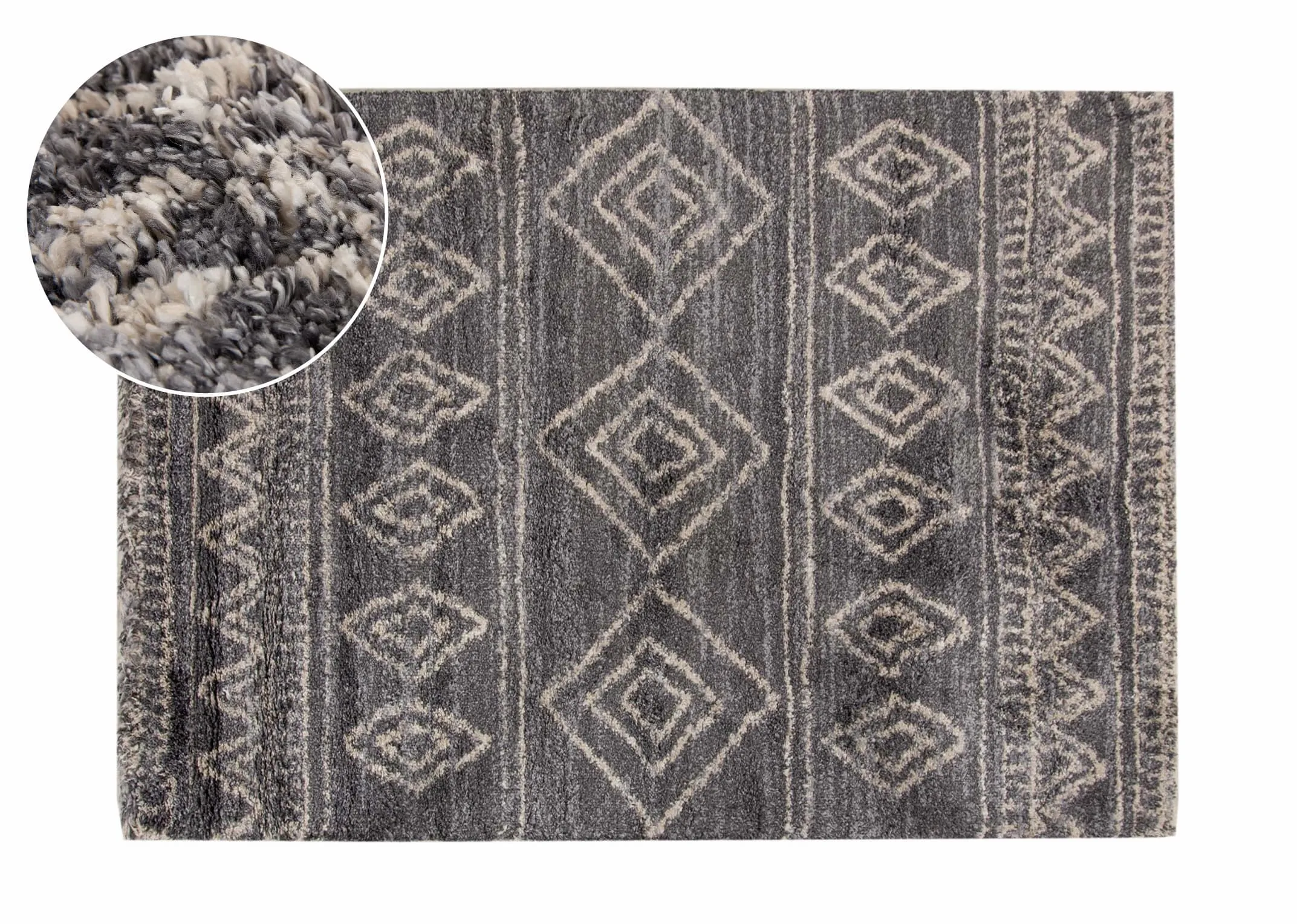 A dark grey deep pile rug with white Aztec print from EZ Livings Sula range. Front view with closeup window of soft rug with cream design.