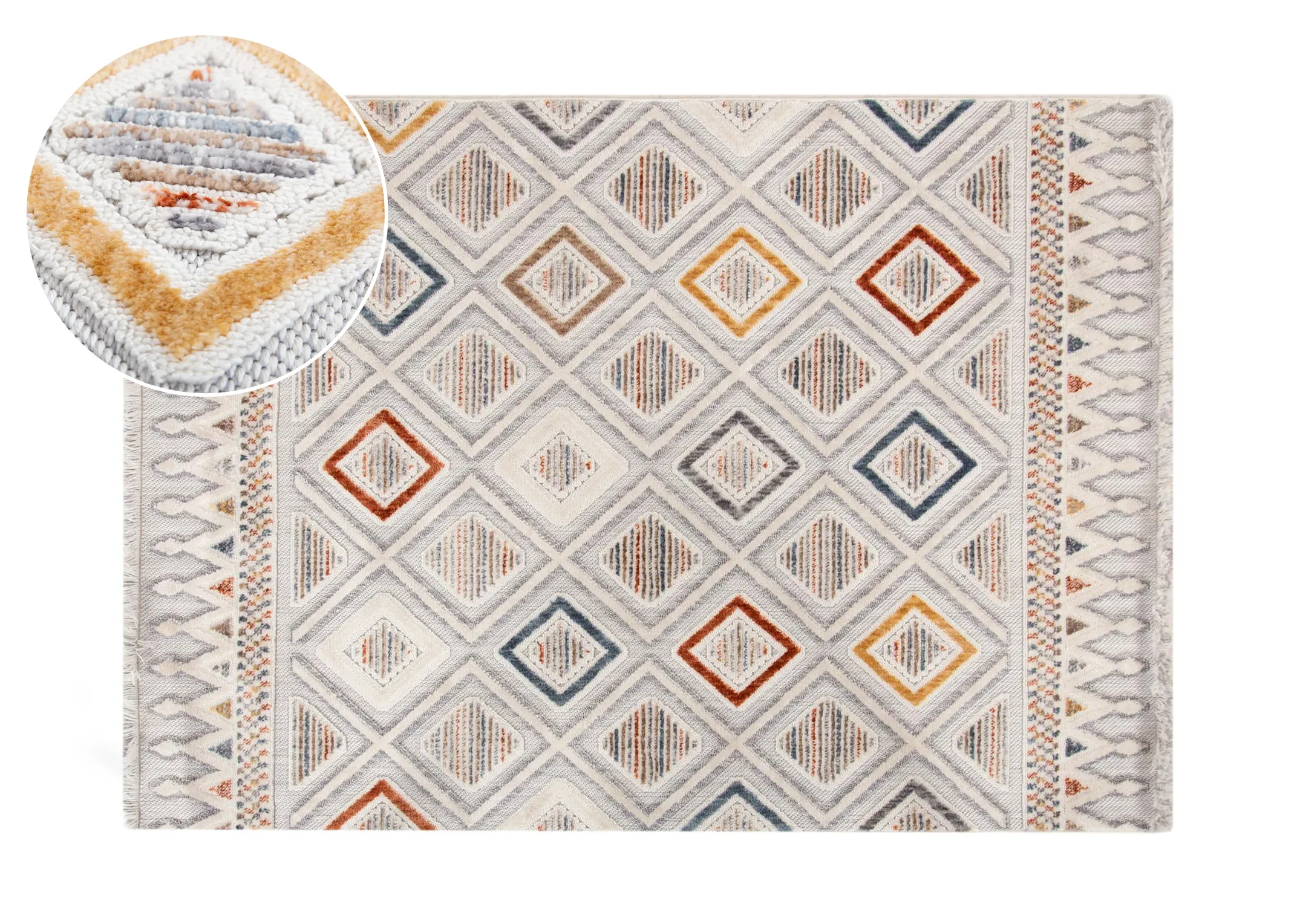 A white small rug with red gold yellow and blue geometric design from EZ Livings Holiday range. Front view with closeup window of woven fabric pattern
