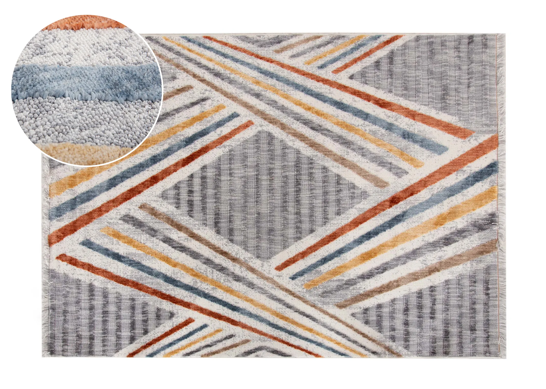 A grey small rug with red yellow blue and white stripes in 2 x shapes from EZ Livings Gatsby range. Front view with closeup window of striped texture