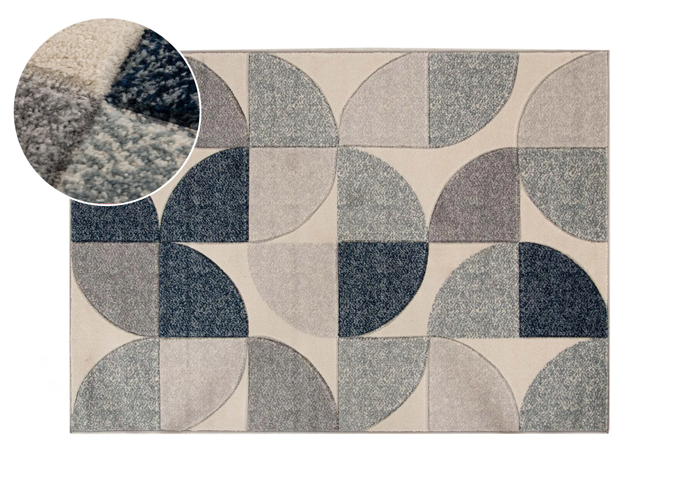 A cream rug with navy and grey quart circle print from EZ Livings Holden range. Front view