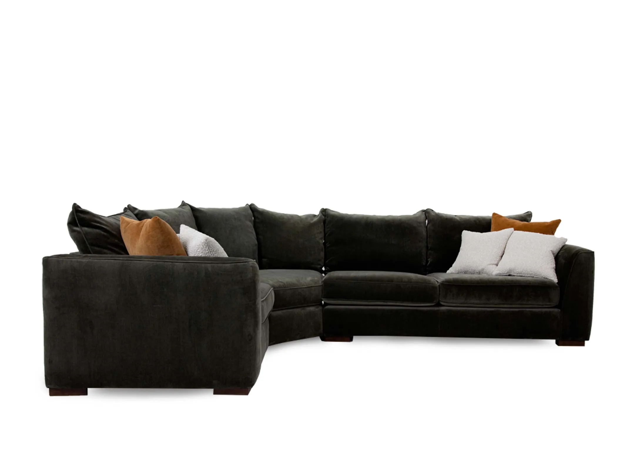 A RAF green fabric corner group from EZ Livings Lucious range. Side veiw of 2 seater