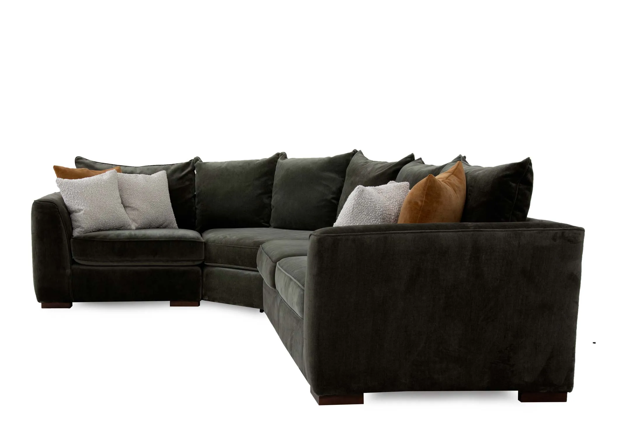 A RAF green fabric corner group from EZ Livings Lucious range. Front veiw of armchair and corner