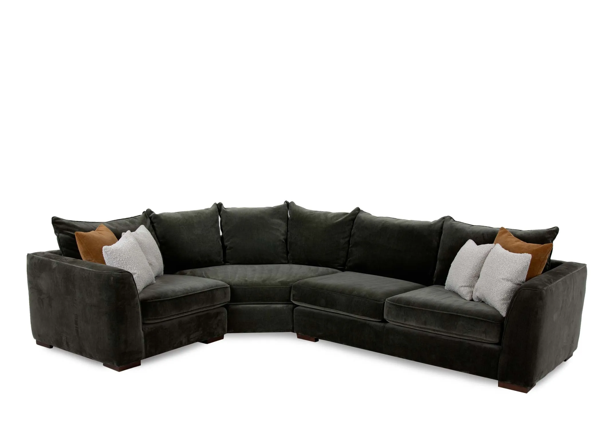 A RAF green fabric corner group from EZ Livings Lucious range. Angled view of 2 white and 2 gold scatter cushions.