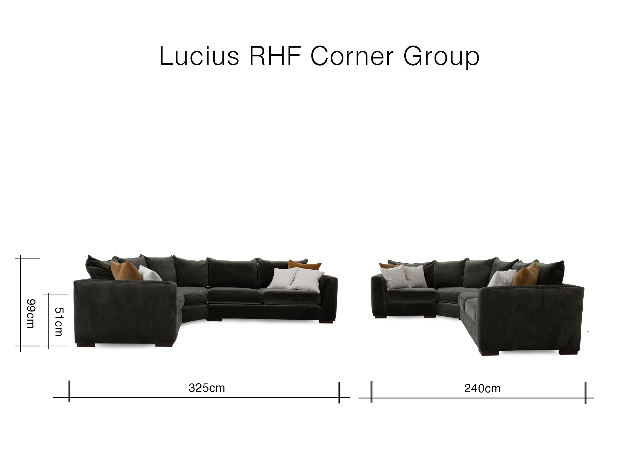 A dimension image of the Lucius Green Fabric RHF Corner Sofa with 325cm x 240cm x 99cm