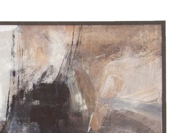 A gold framed canvas with blue and brown and white strokes of colors from EZ Livings Integrity range. Closeup of strokes and dark fram