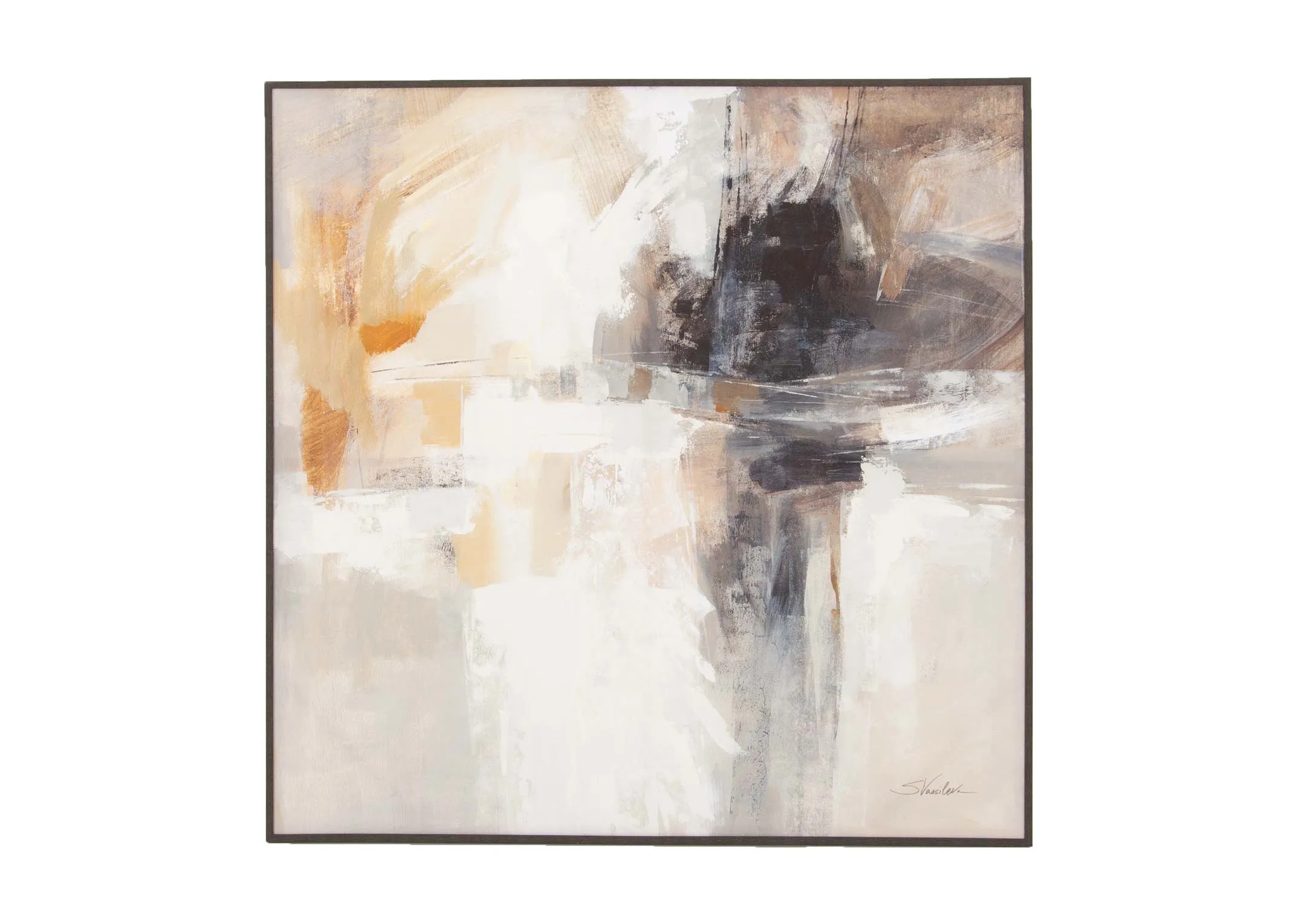 A gold framed canvas with blue and brown and white strokes of colors from EZ Livings Integrity range.