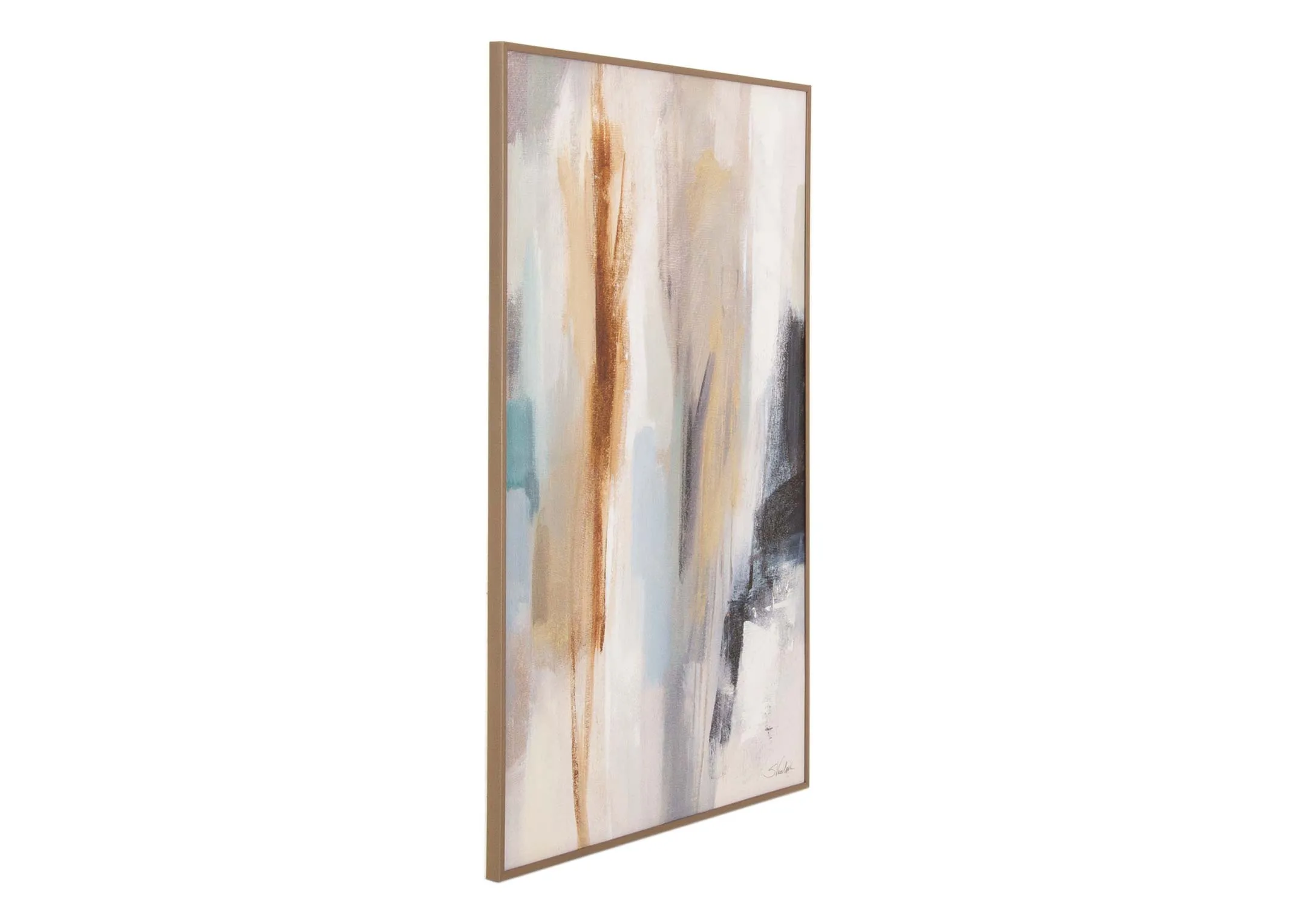 A gold framed canvas with blue and brown and white strokes of colors from EZ Livings Inspired range. Back view of canvas